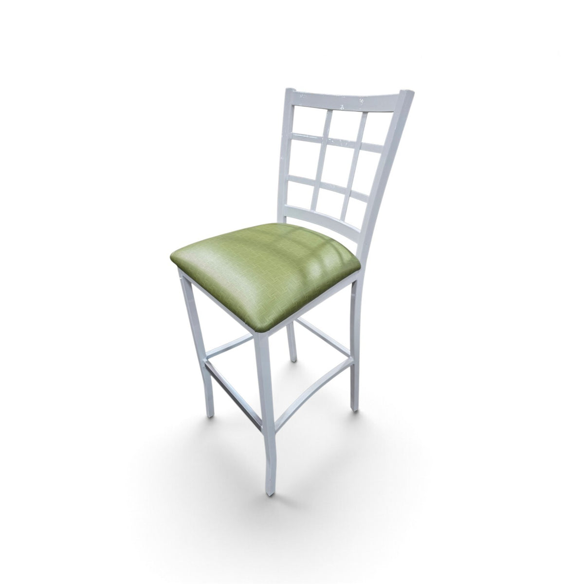Used white bar stool with light green upholstered seat and ladder back, Southern Hospitality Liquidation SHL