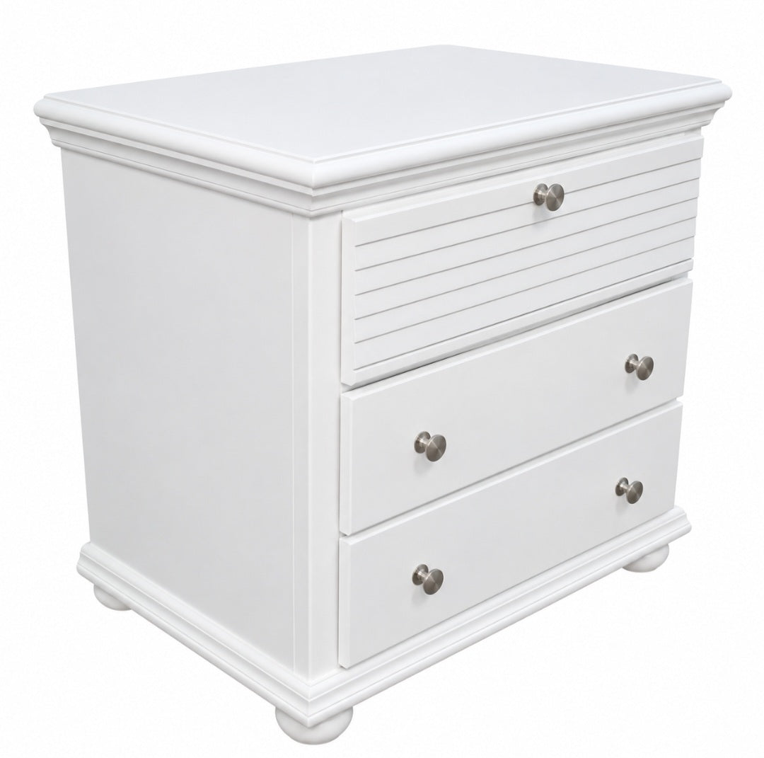 Used white extra-large nightstand with three drawers and silver knobs, angled view, SHL