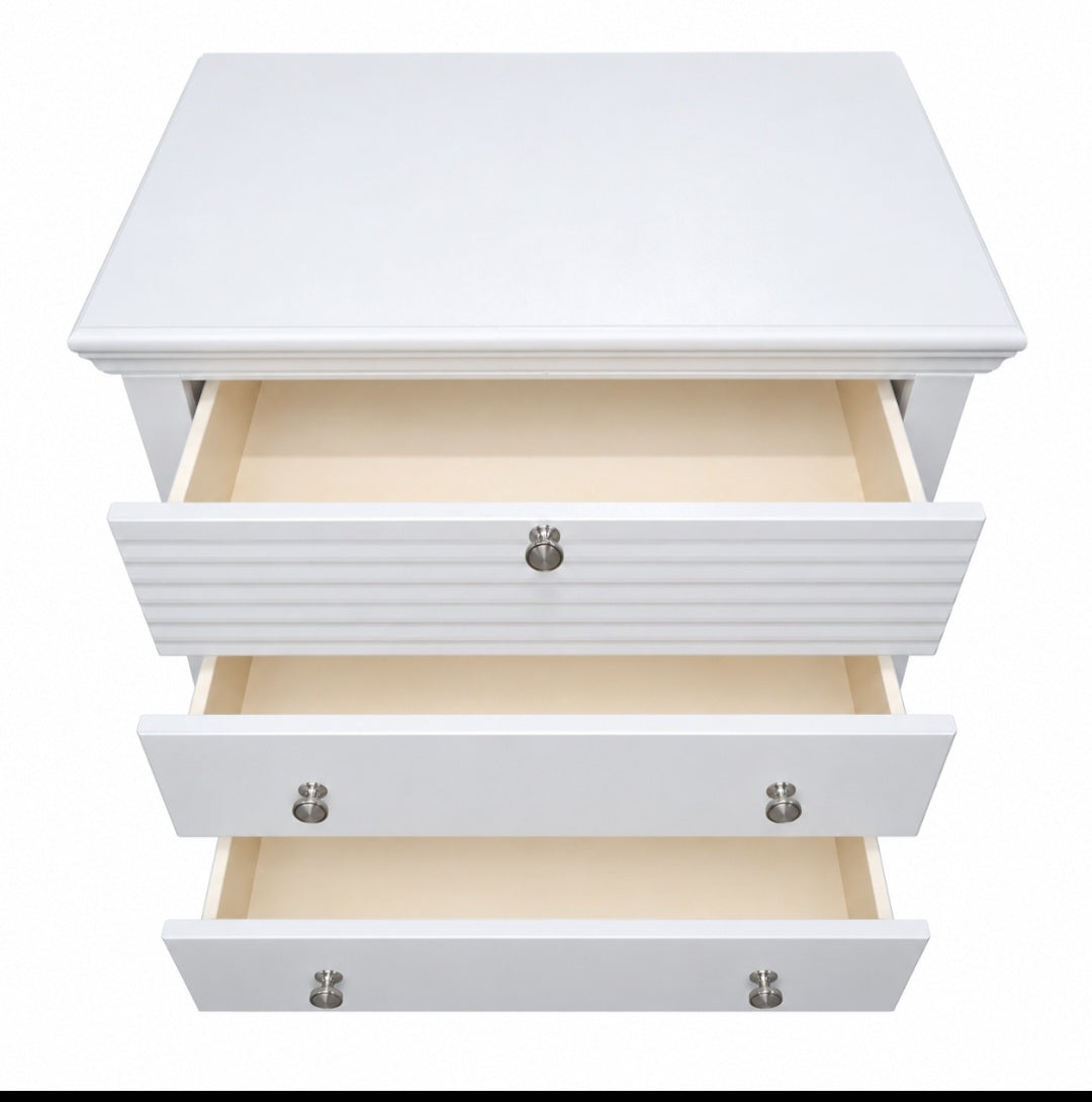 Used white extra-large nightstand with three drawers and silver knobs, open drawer view, SHL