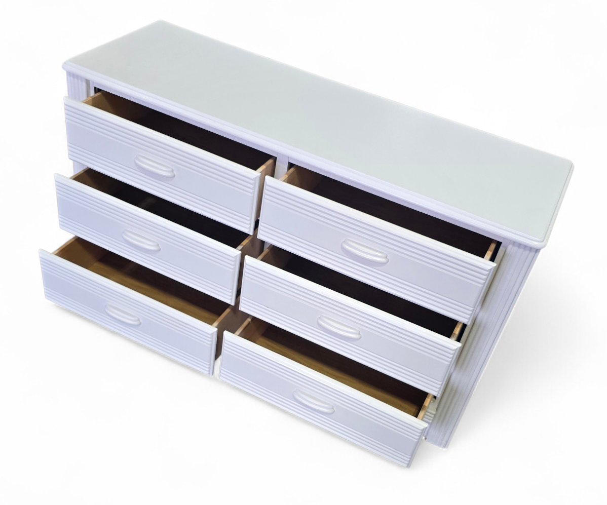 SHL close-up of reeded drawer texture on white 6 drawer dresser, used and in good condition