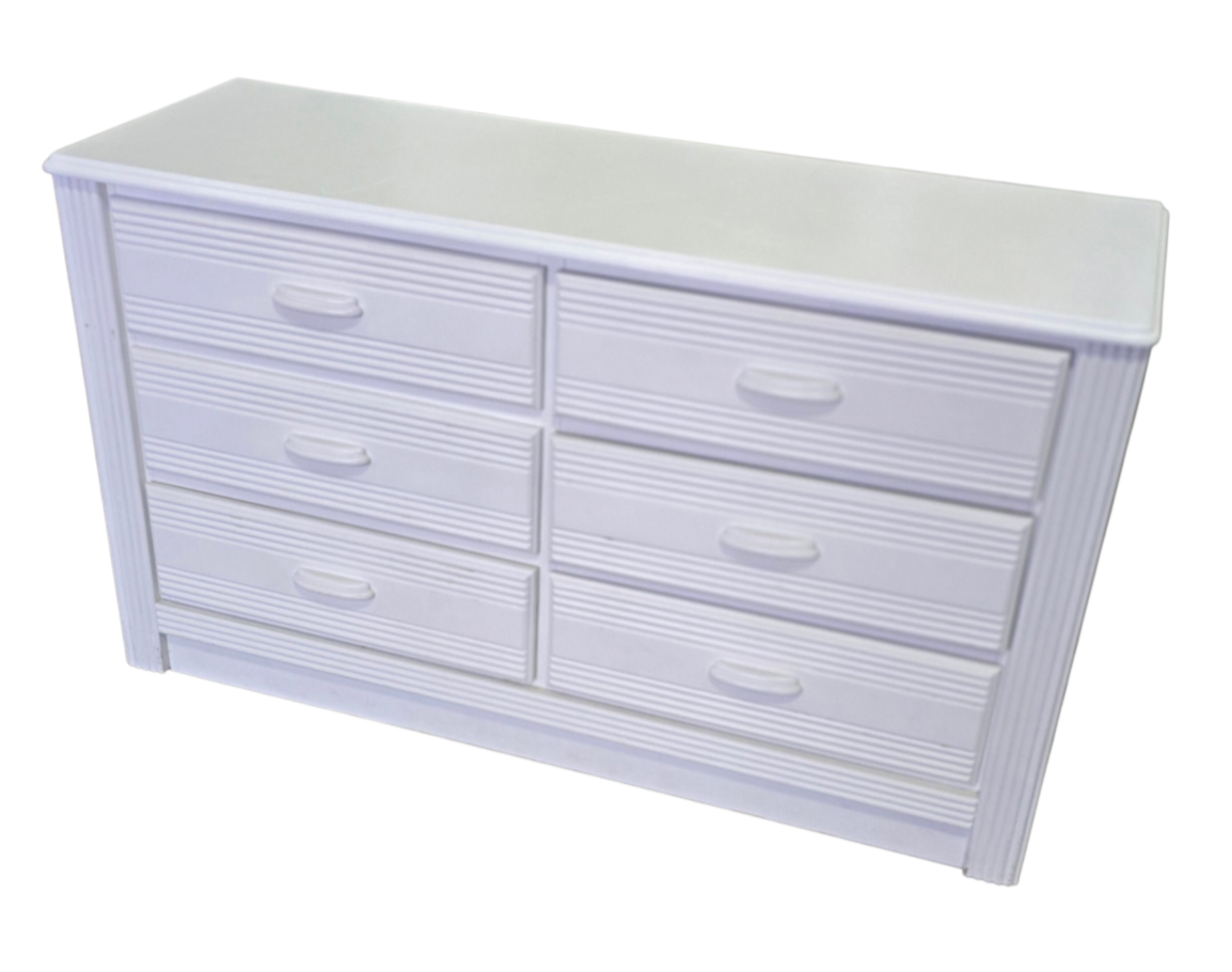 SHL angled view of white reeded dresser for bedroom storage, used and in good condition