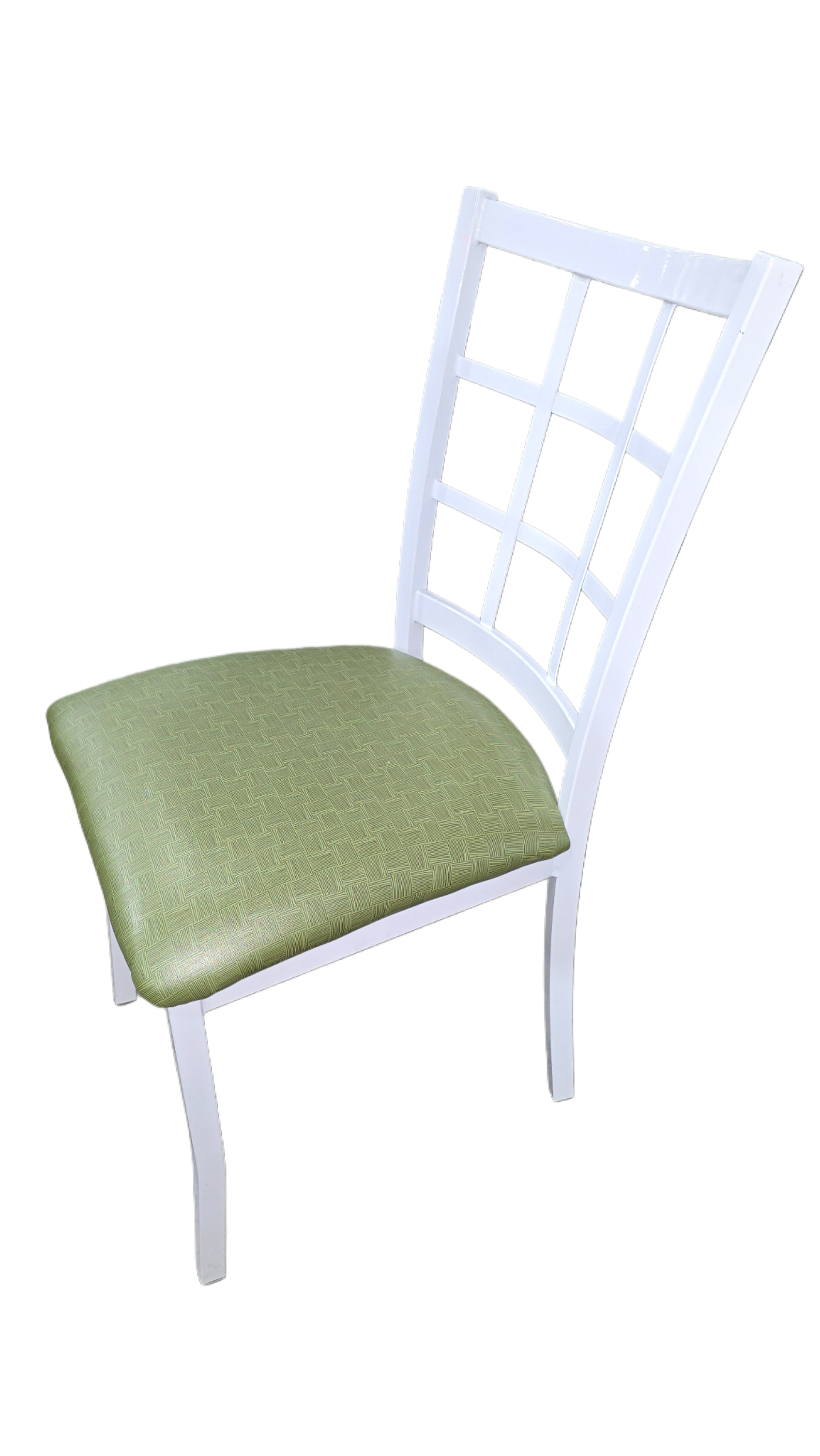 SHL angled view of white metal dining chair measuring 16.5 x 17, used and in good condition