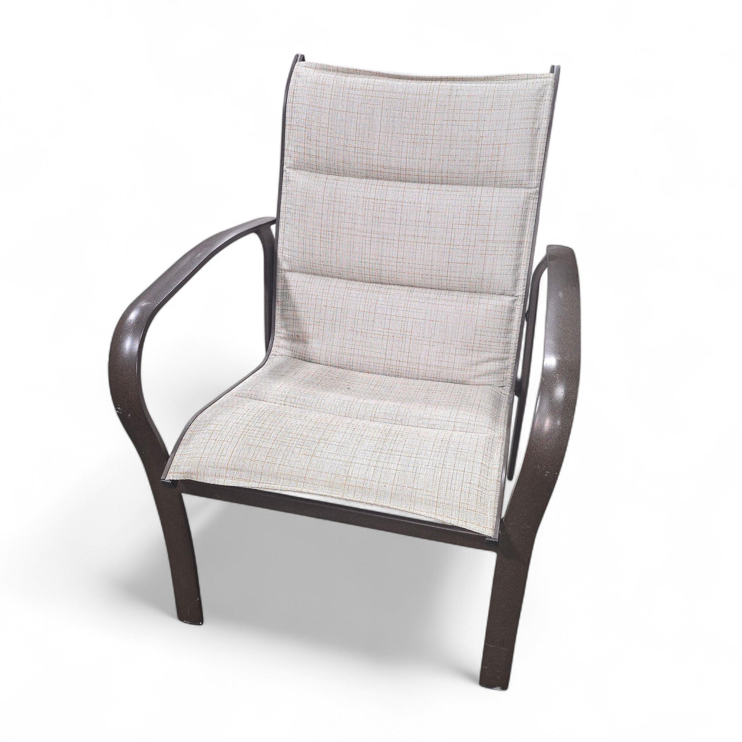 SHL front view of Woodard brand patio chair, 27.5 x 24 with 17-inch seat height, used and in good condition