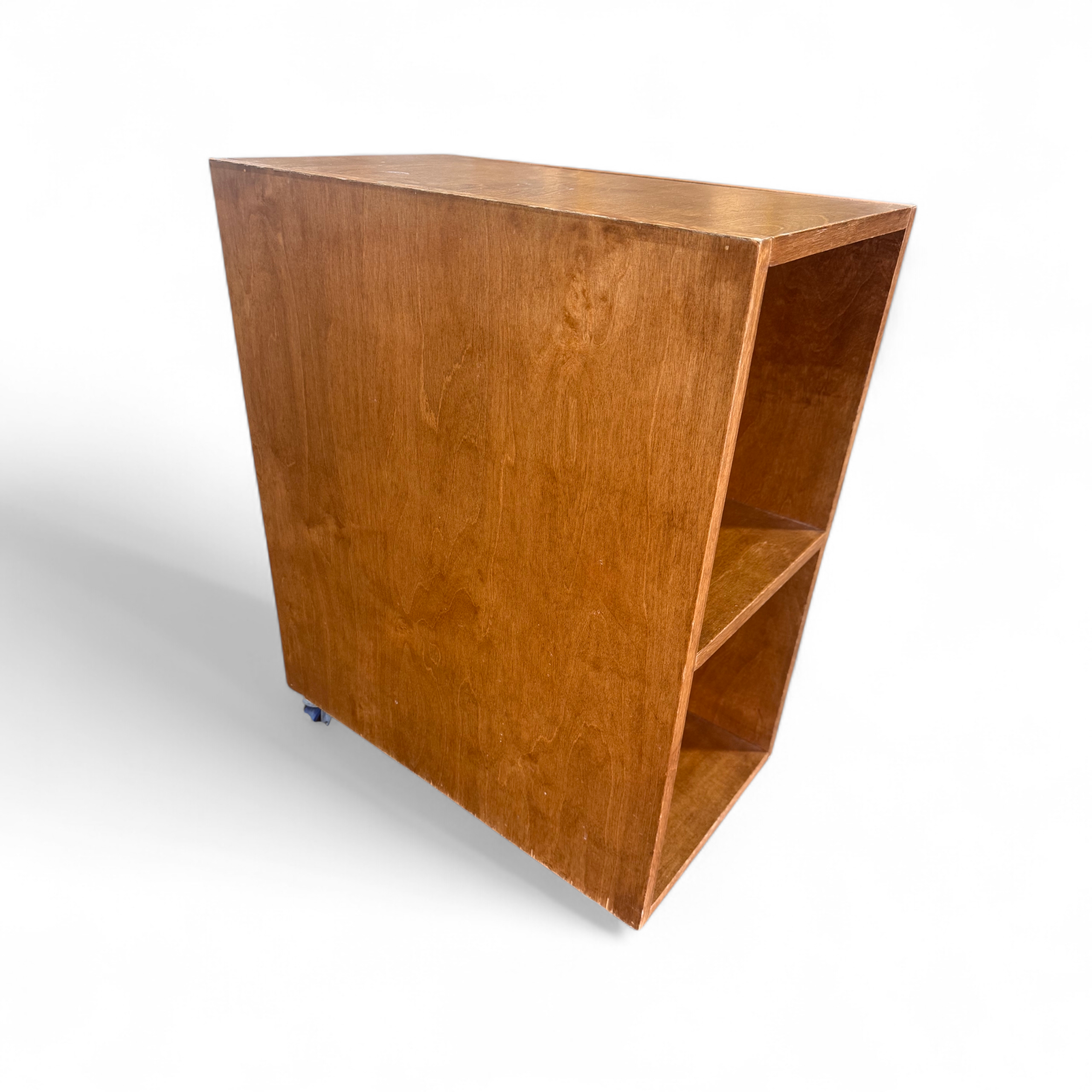 SHL angled view of mobile wooden storage unit for home or office, used and in good condition