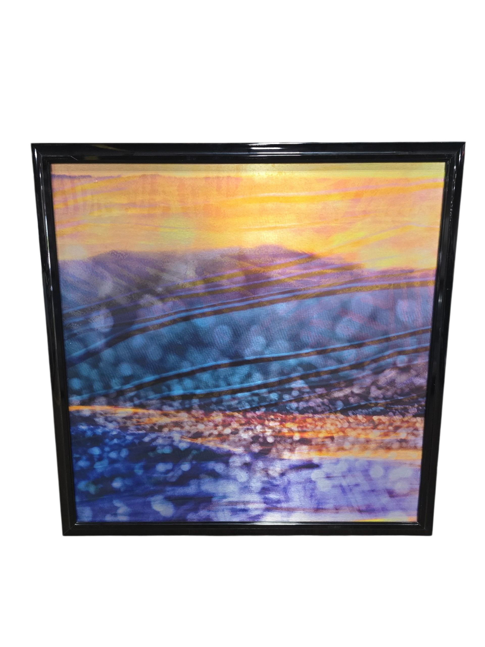 SHL abstract coastal metal wall art featuring blue gold and purple reflective design with black frame measuring 39 1/4 x 39 1/4 used in good condition