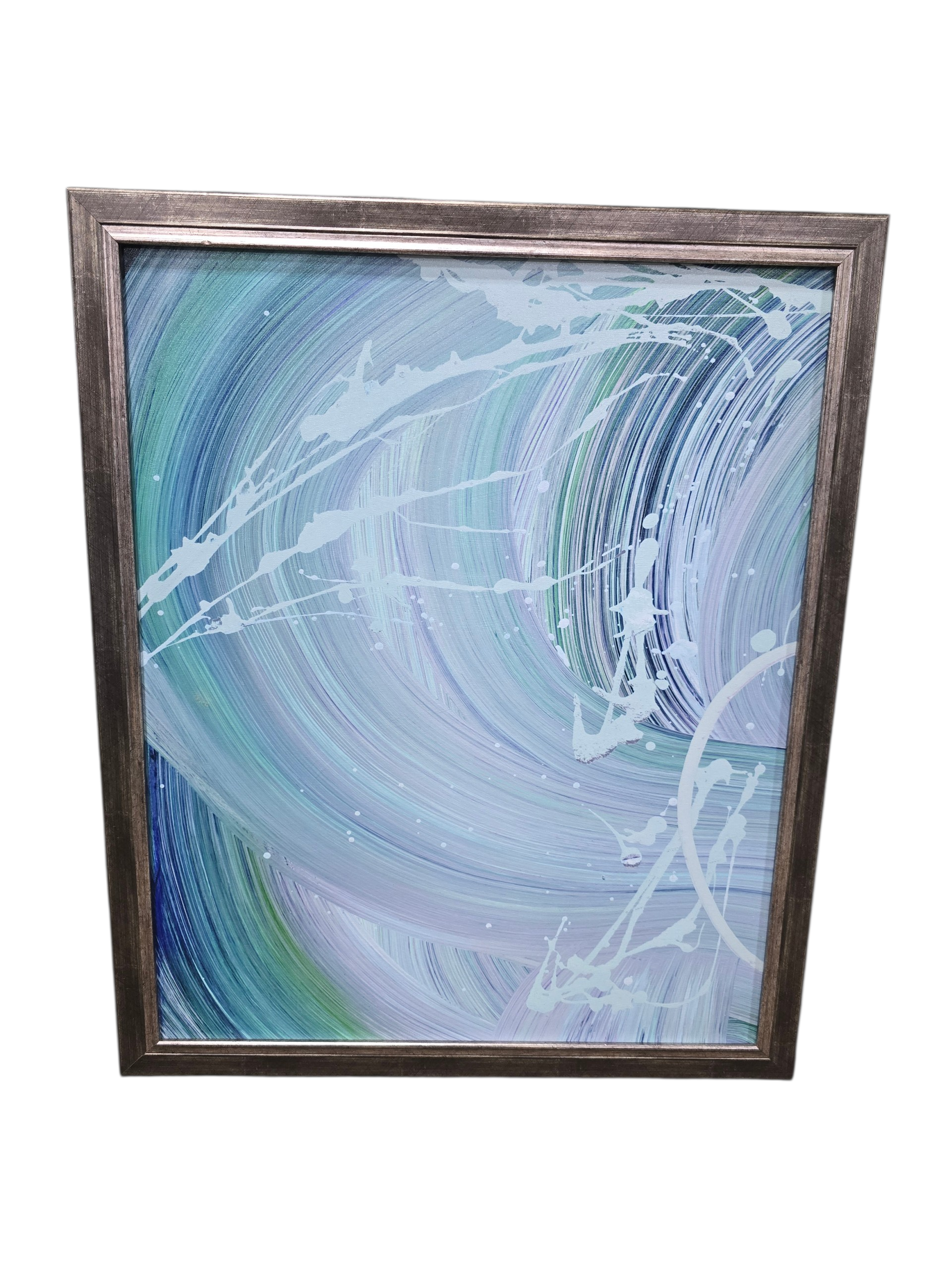 SHL abstract swirl wall art featuring blue teal lavender and white brushstroke design with silver frame measuring 30 x 36 used in good condition