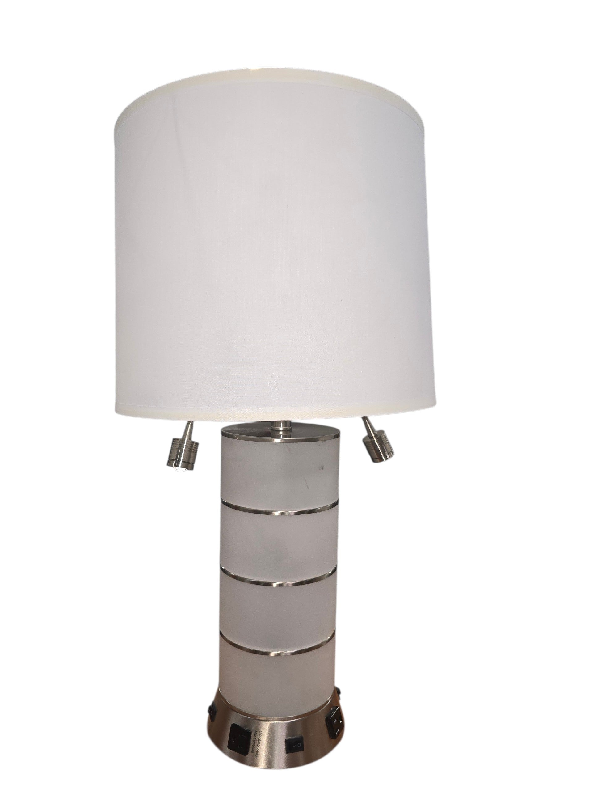 SHL modern brushed nickel table lamp with white drum shade dual reading lights and built in outlets front view used in good condition