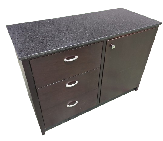 Front view of used hotel credenza cabinet with granite top and storage drawers in Cartersville GA