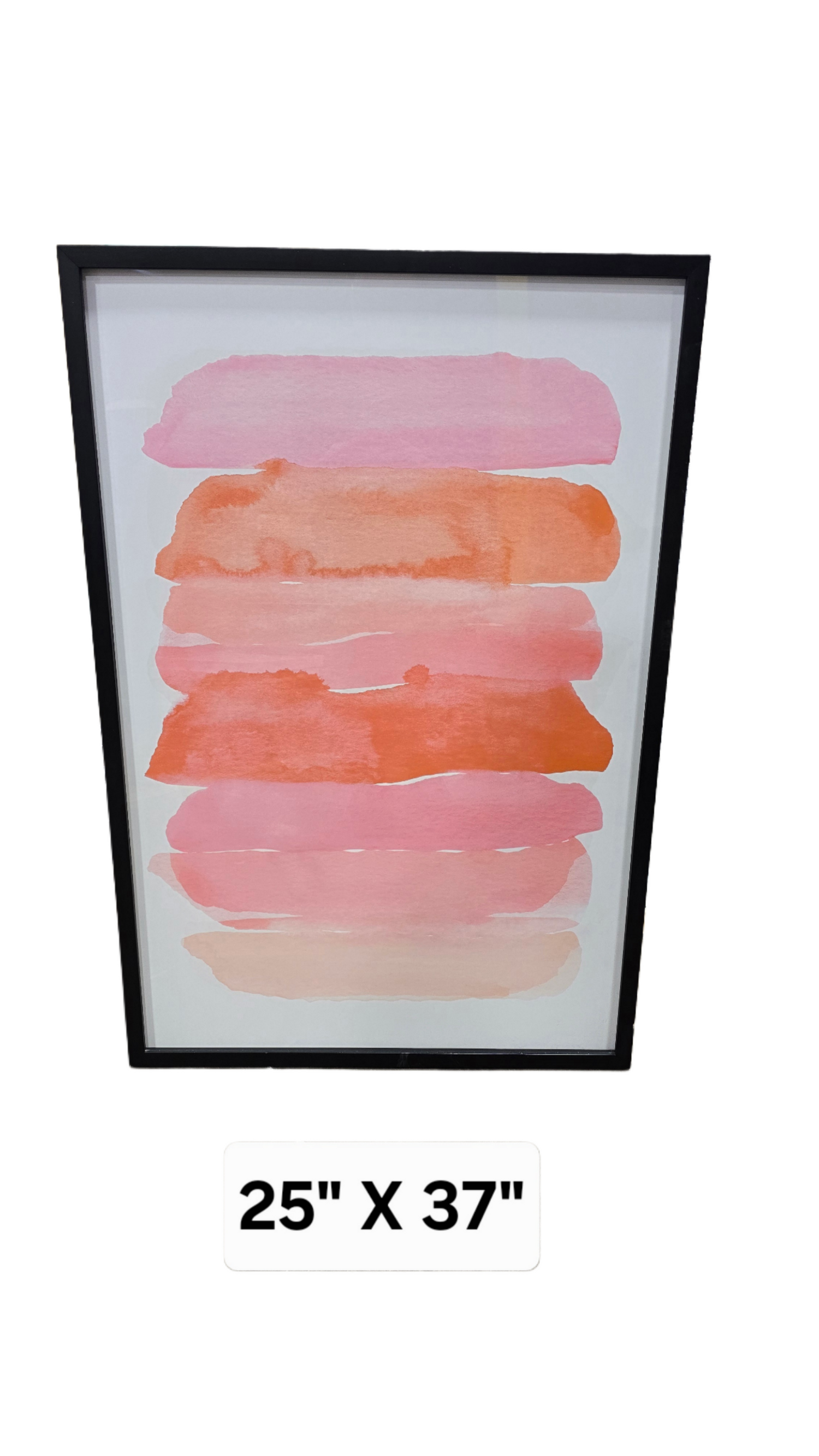 25 x 37 abstract wall art with black frame in orange and pink shades. Modern framed artwork for homes, rentals, or hotel spaces.