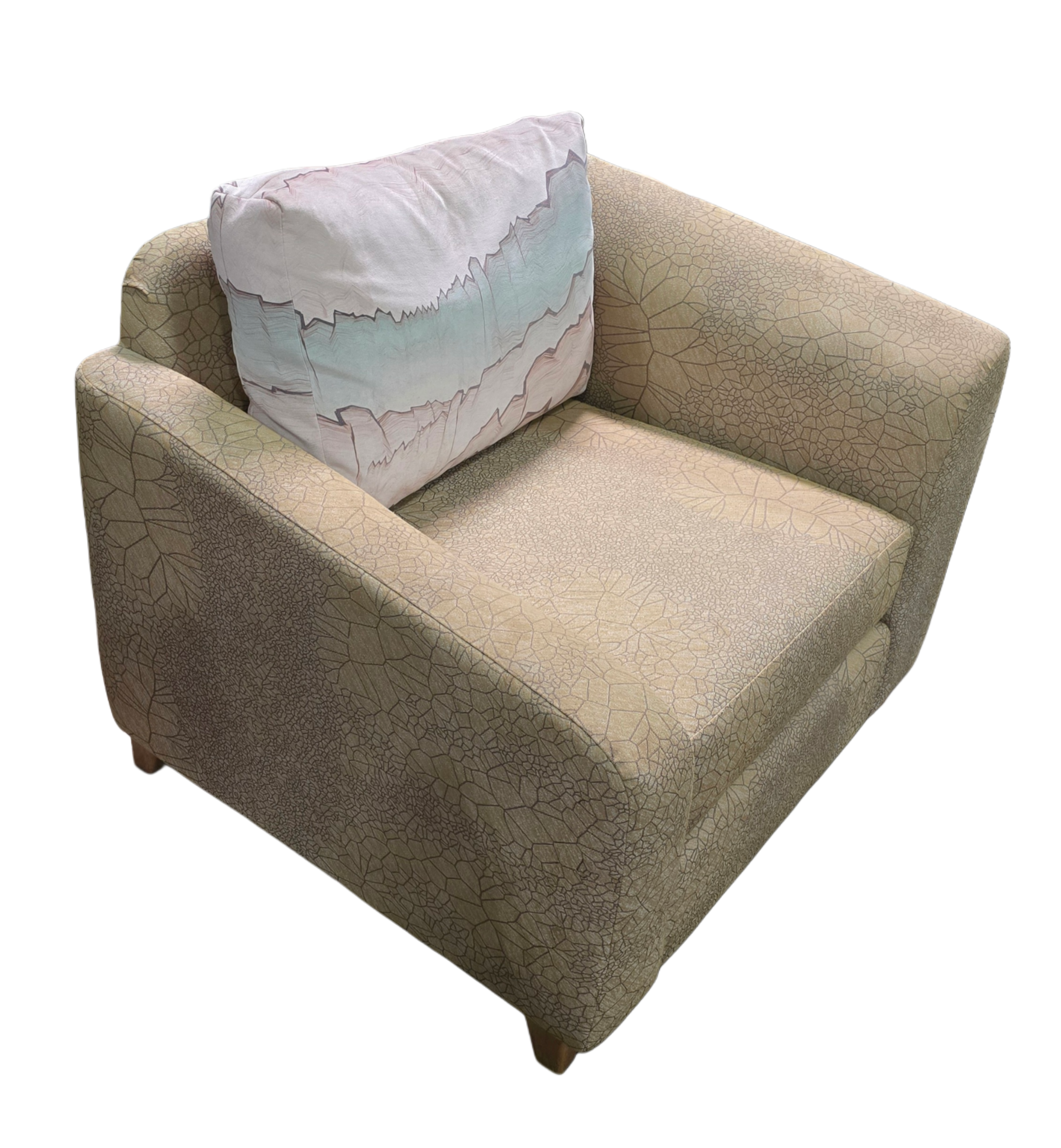 Angled view of beige accent chair showing upholstered detail and wooden legs.