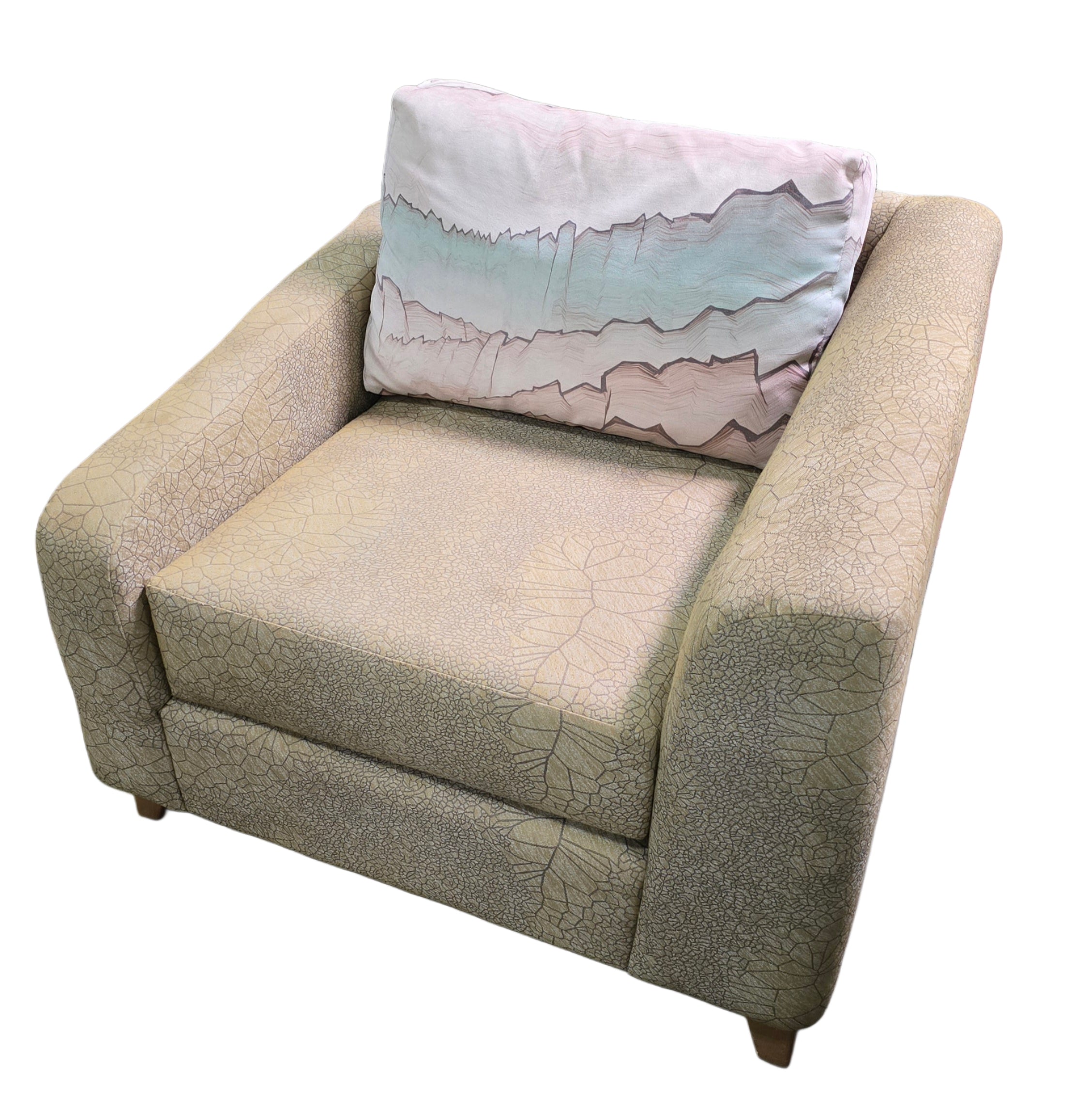 Front view of beige accent chair with modern upholstered design.