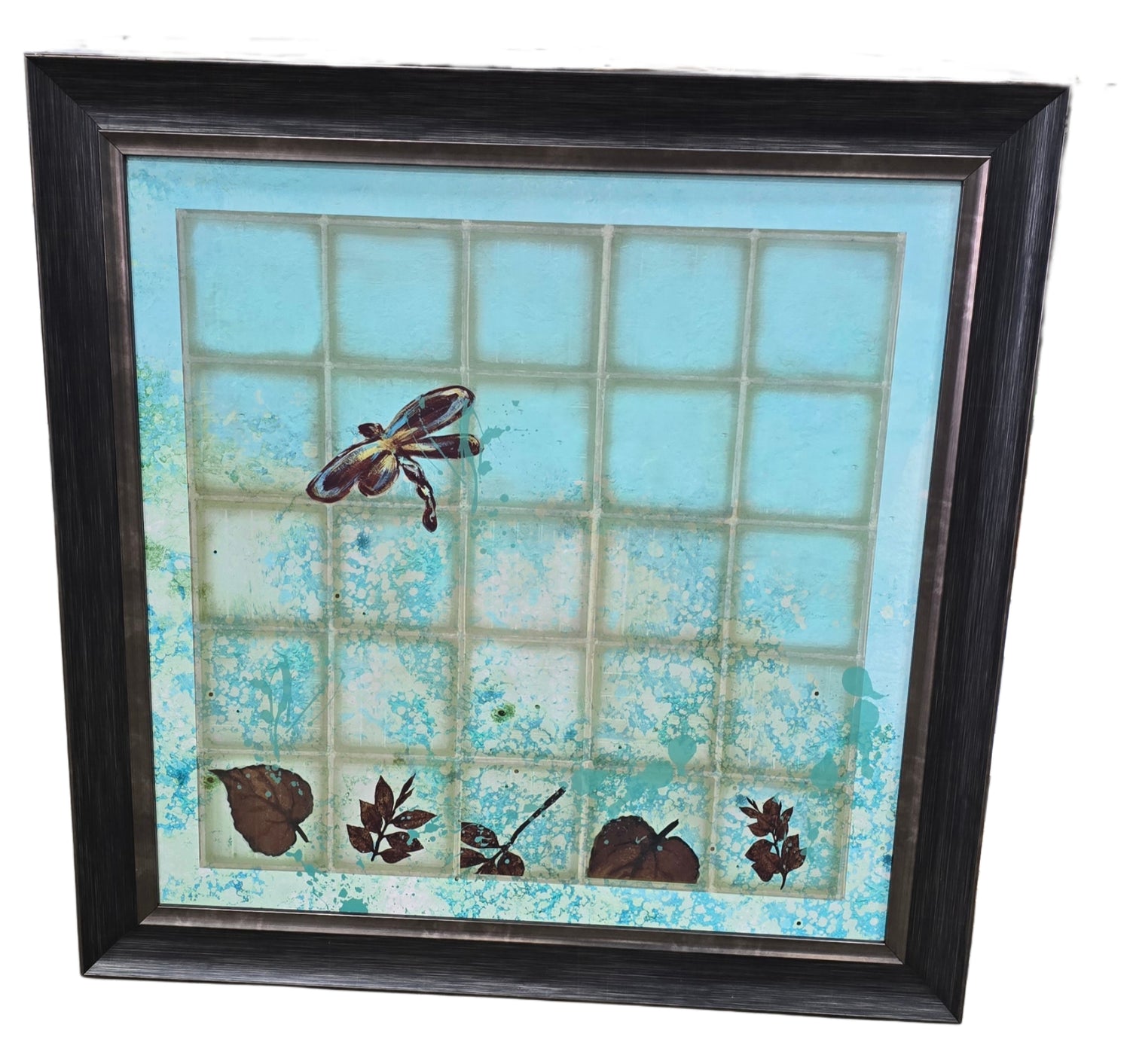 Front view of blue dragonfly wall art with black frame, 36 1/4 x 36 1/4 inches. Nature-inspired artwork for homes, rentals, or hotels.