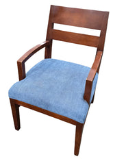 Blue upholstered cushion dining chair with wood frame and arms – pre-owned hotel furniture liquidation Cartersville GA