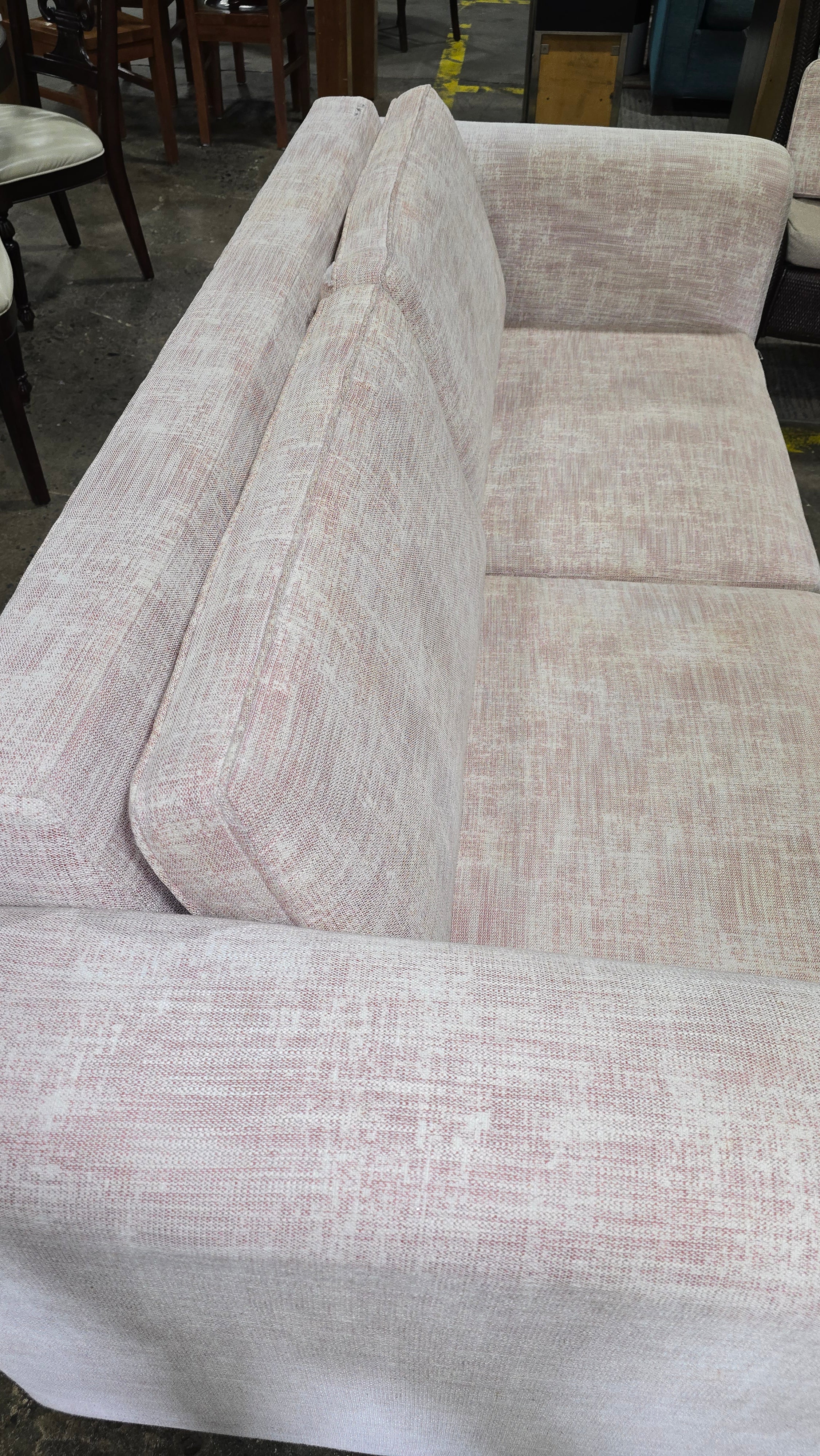 Blush pink queen sleeper sofa, 80W x 36D, available at Southern Hospitality Liquidation in Cartersville GA