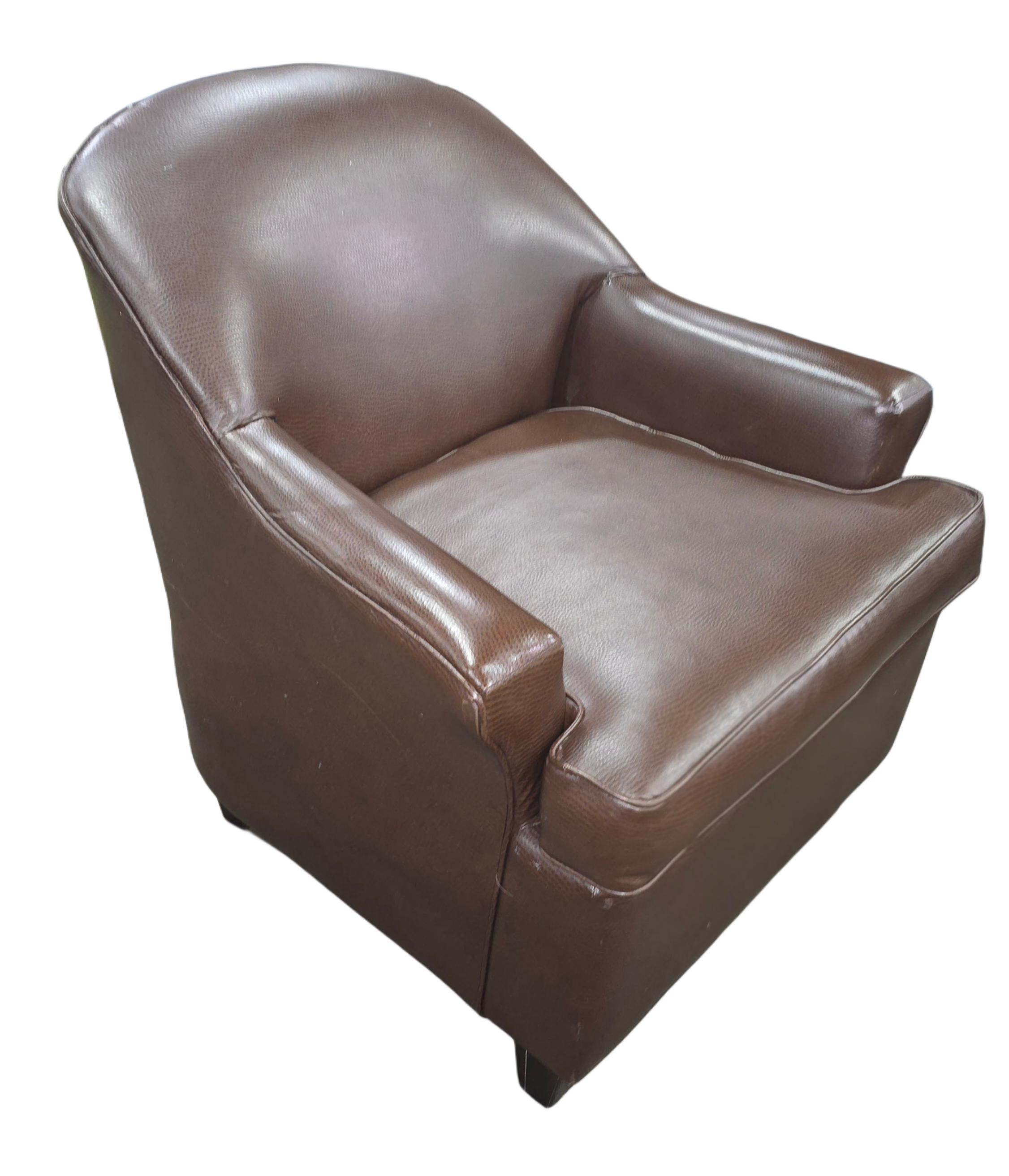 "Used brown vinyl barrel accent chair with barrel back design – Southern Hospitality Liquidation"