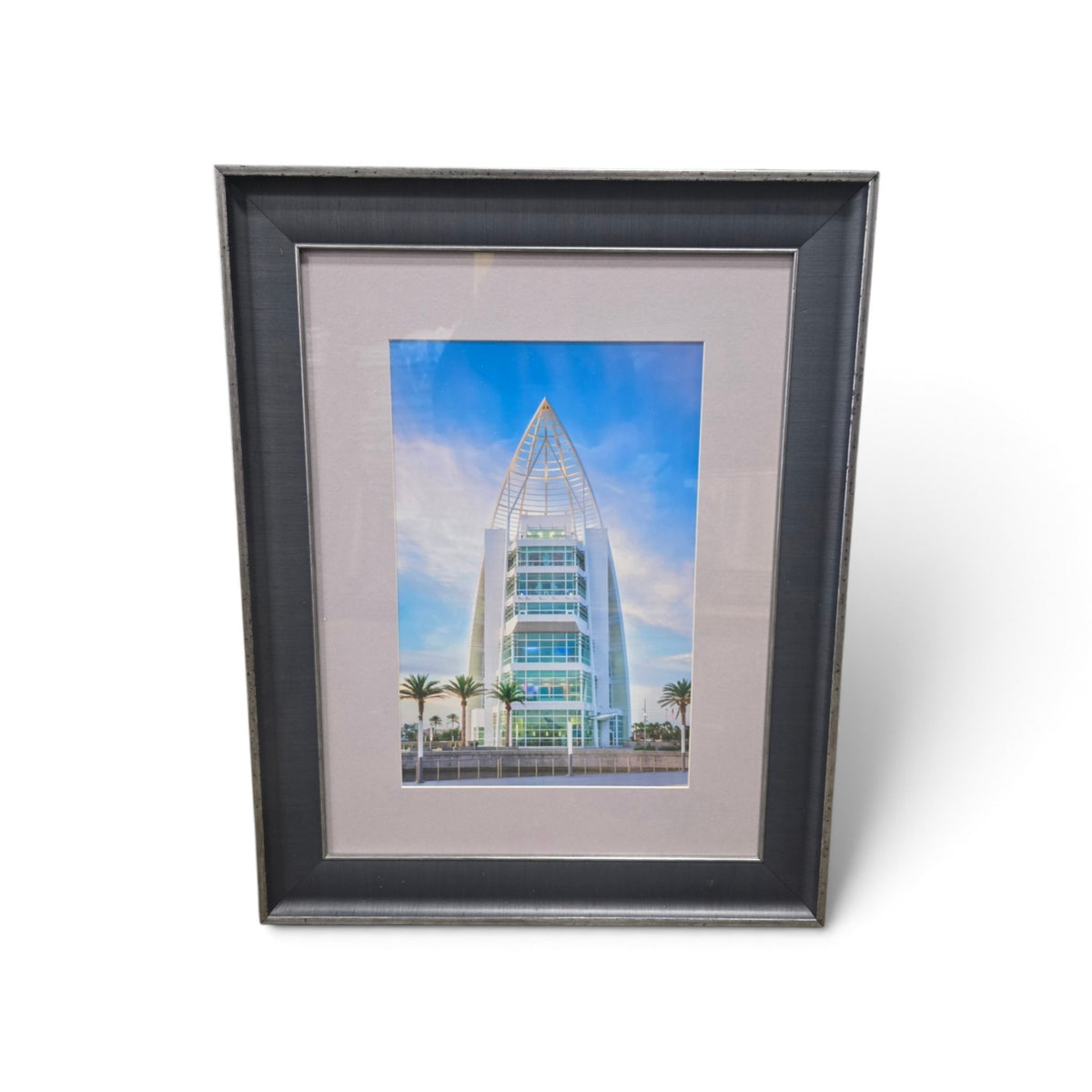 Framed photograph of modern coastal high-rise building with blue sky and palm trees