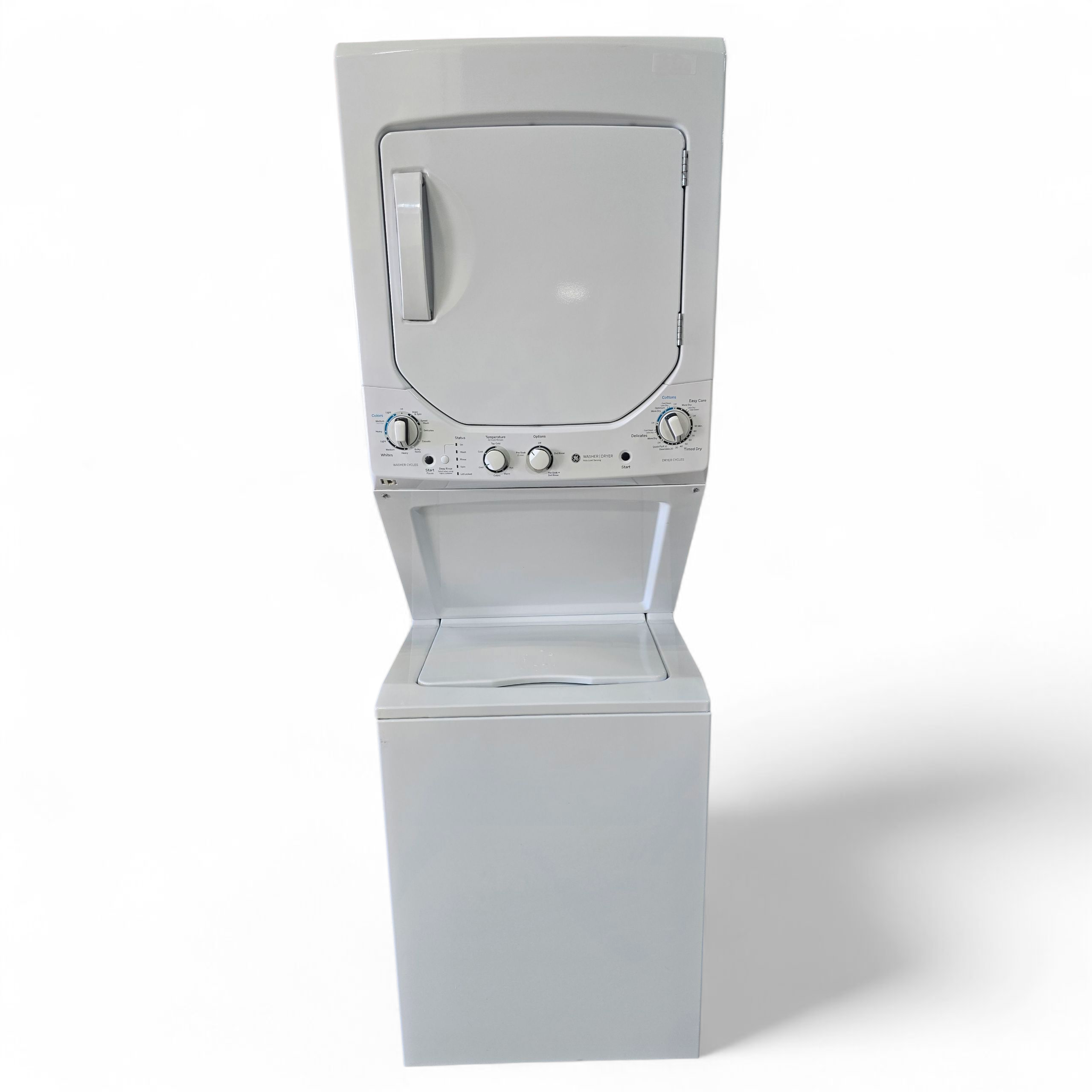 2018 GE Spacemaker stacked washer and dryer unit, 24 inch width, with auto load sensing feature