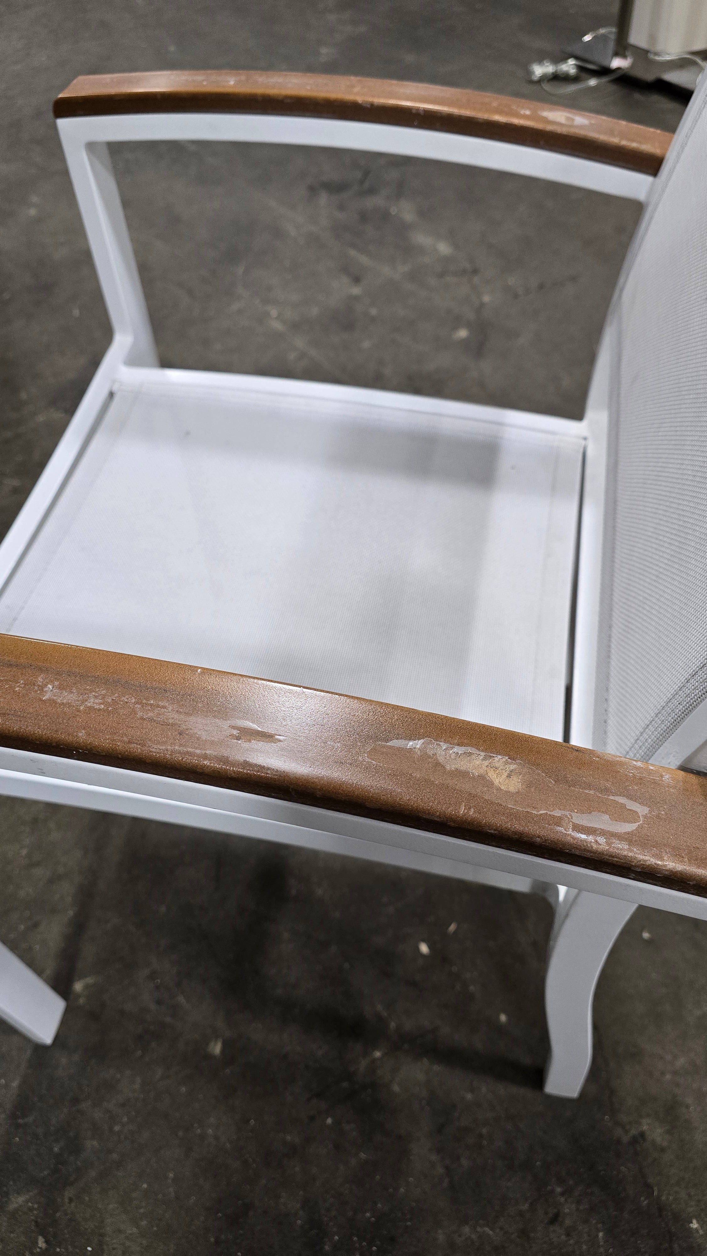 Hotel patio chair by Janus, white finish, 22.25W x 18.75D with 17.5 seat height, available from SHL Cartersville GA