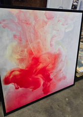 36 x 36 ink-in-water style canvas wall art with black frame. Modern abstract artwork for homes, rentals, or hotel interiors.