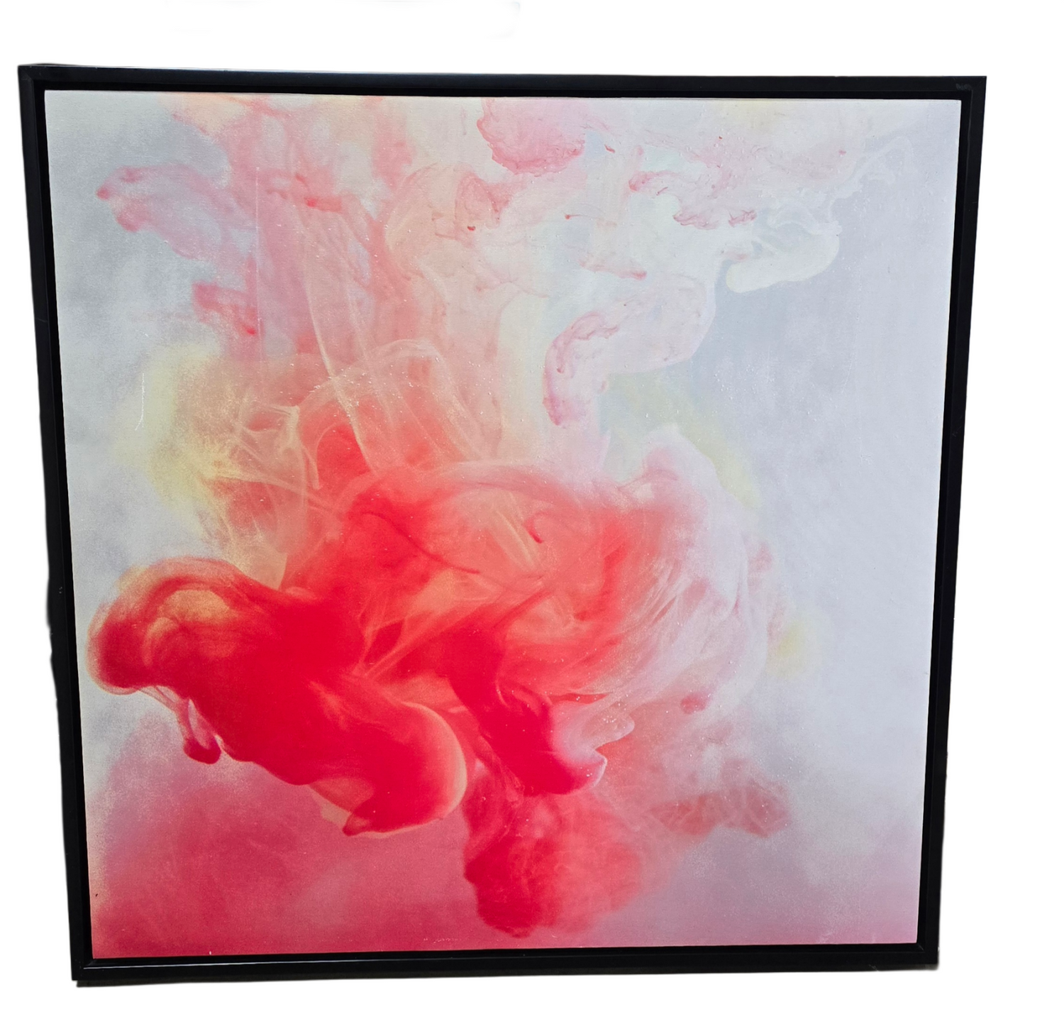 36 x 36 ink-in-water style canvas wall art with black frame. Modern abstract artwork for homes, rentals, or hotel interiors.