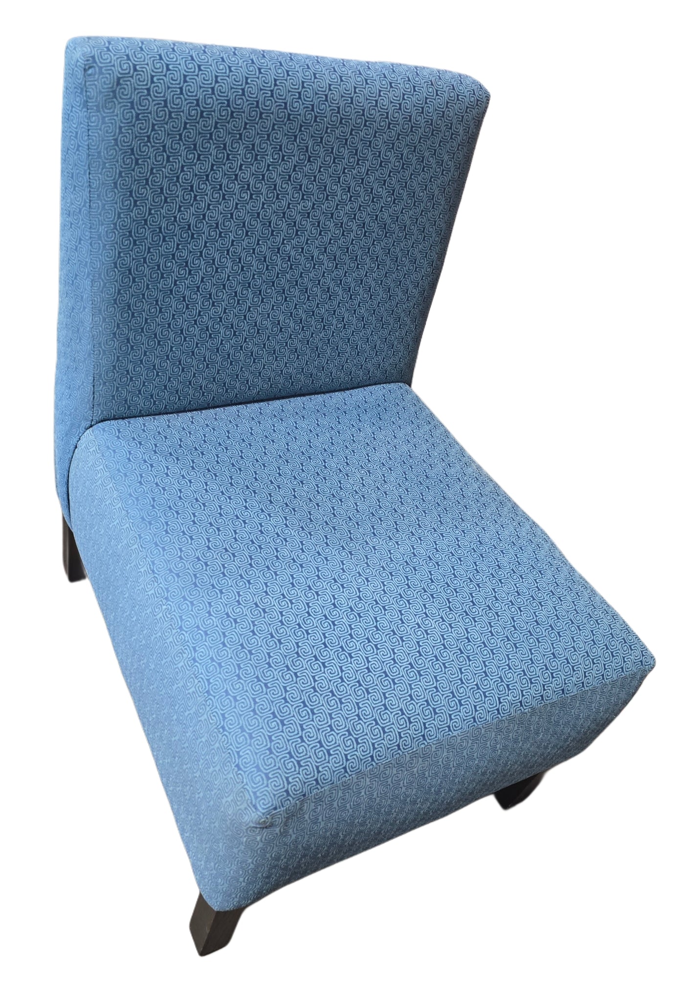 Modern blue slipper chair with black wooden legs, hotel liquidation furniture from SHL Cartersville GA