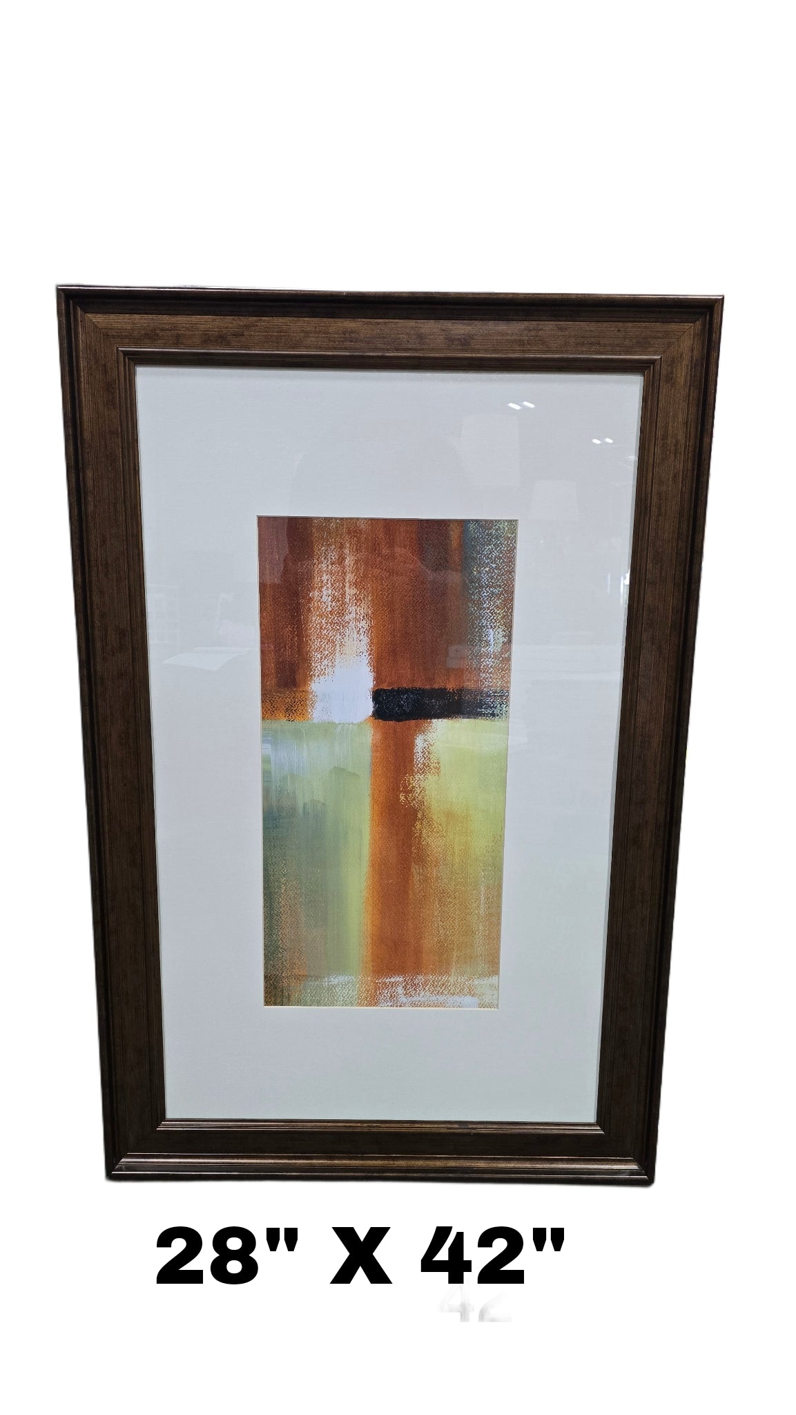 28 x 42 multi-colored wall art with rustic frame. Vibrant framed artwork for homes, rentals, or hotel spaces.