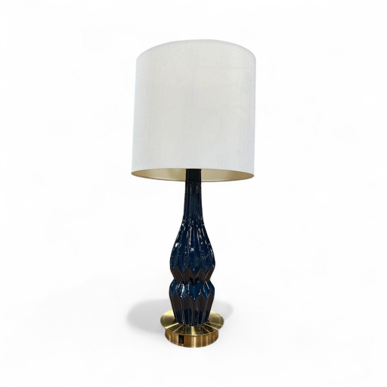 Navy and brass table lamp from SHL hotel liquidation