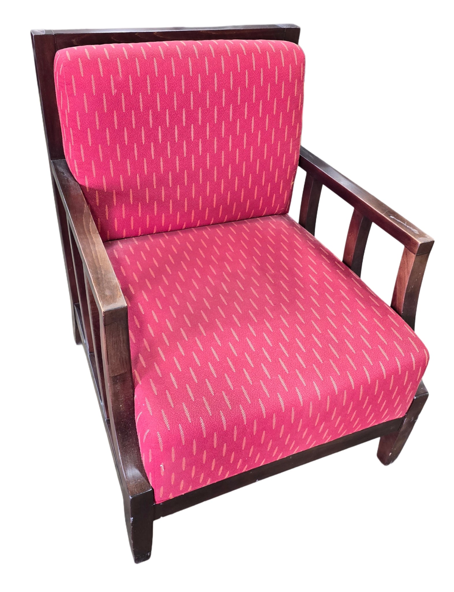 Red cushioned accent chair with wooden frame, pre-owned hotel furniture SHL Cartersville GA