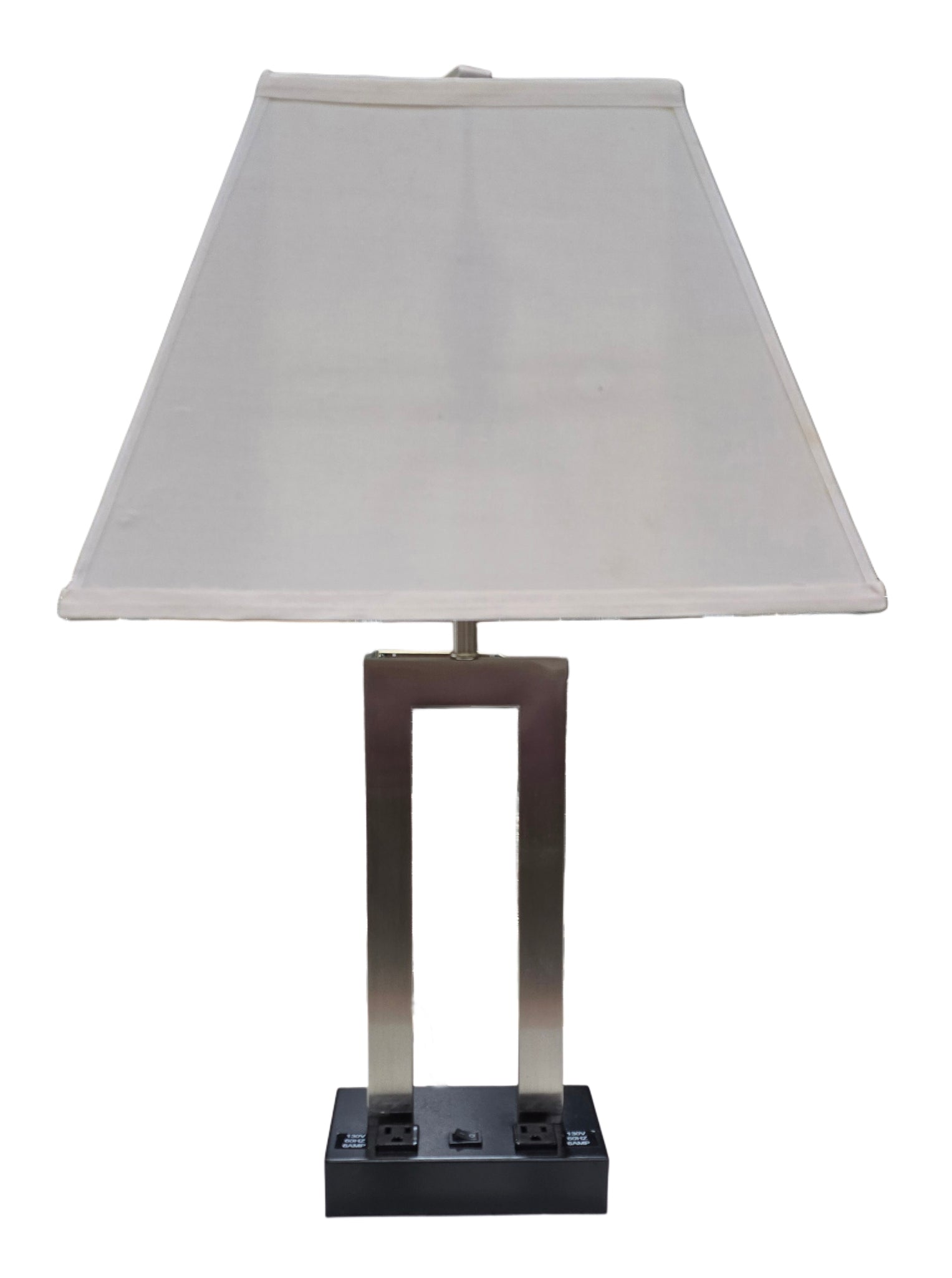 Modern Brushed Nickel Table Lamp with Power Outlets – Rectangular Design