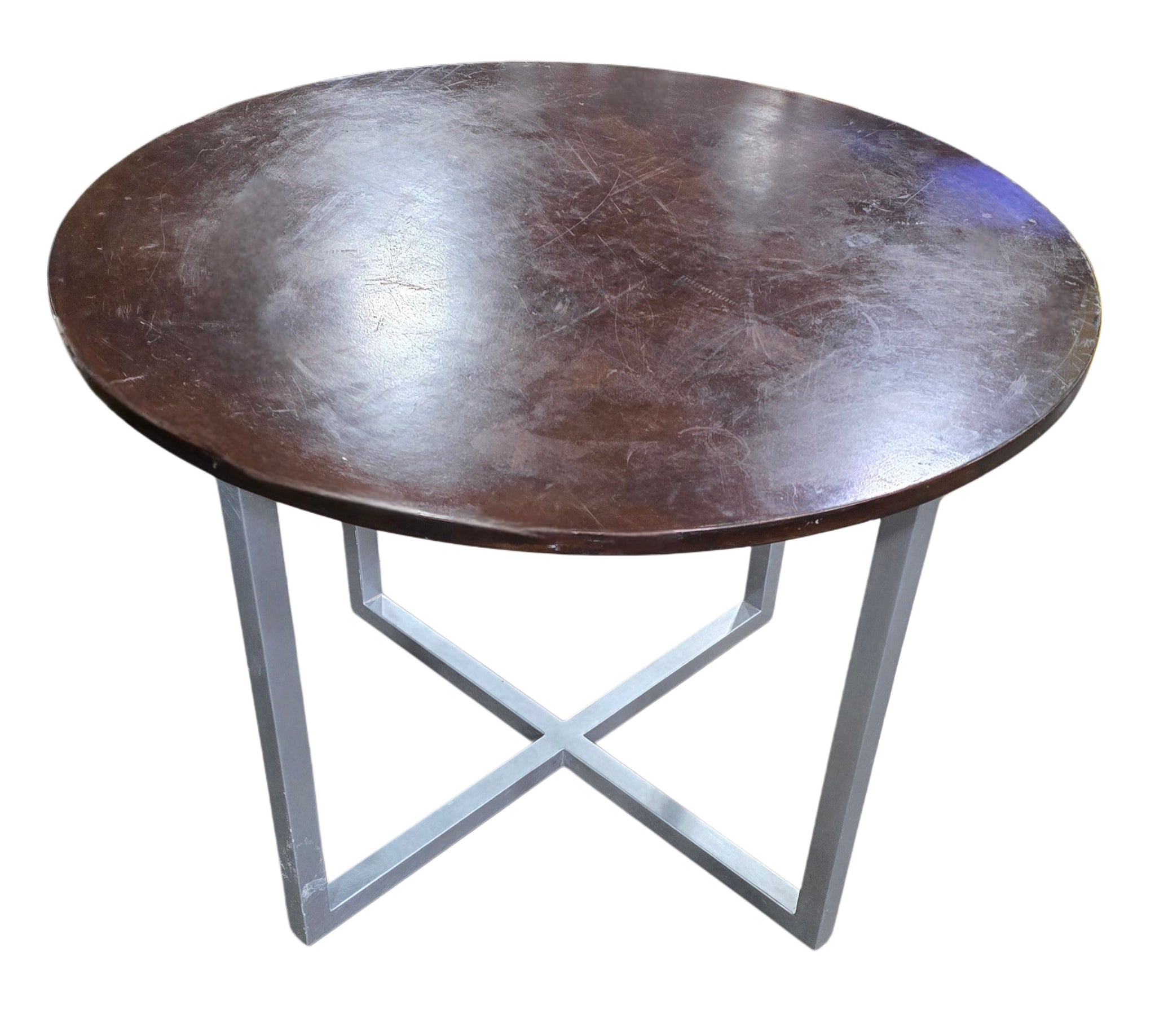 42" round wooden dining table with metal base, 30.5H, pre-owned hotel furniture from Southern Hospitality Liquidation Cartersville GA.