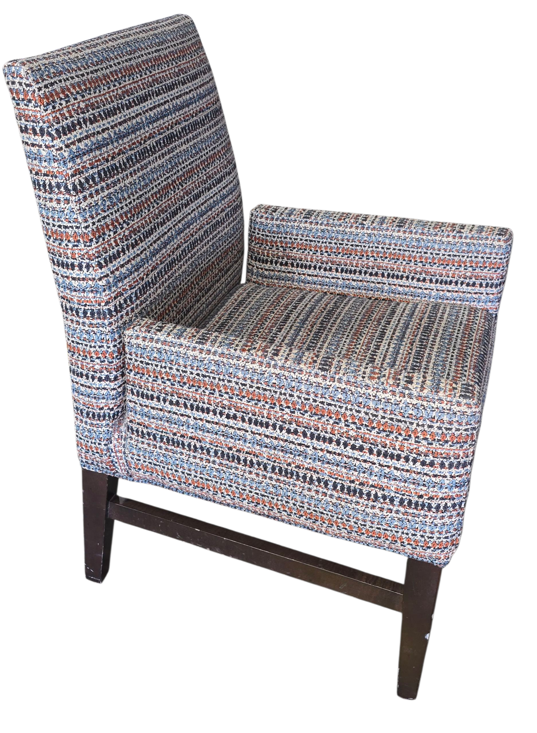 angled view multi-color textured accent chair 22.5 x 23, used and in good condition, SHL