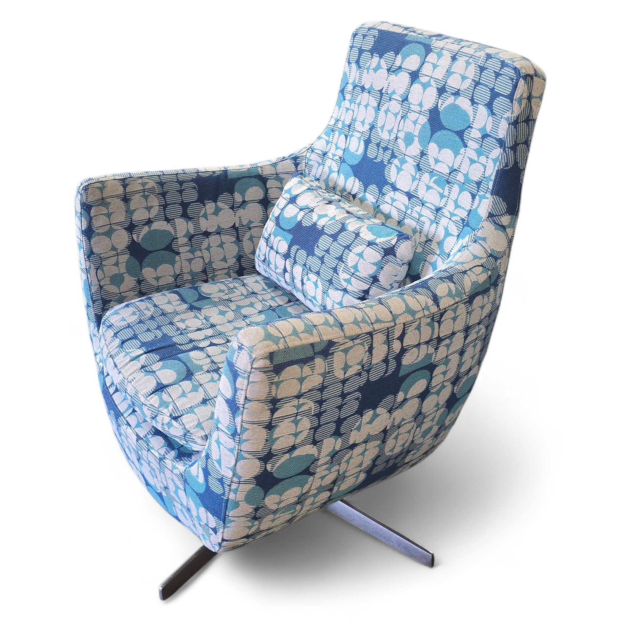 angled view blue and white mid-century swivel accent chair 30 x 23 with 16 inch seat height, used and in good condition, SHL