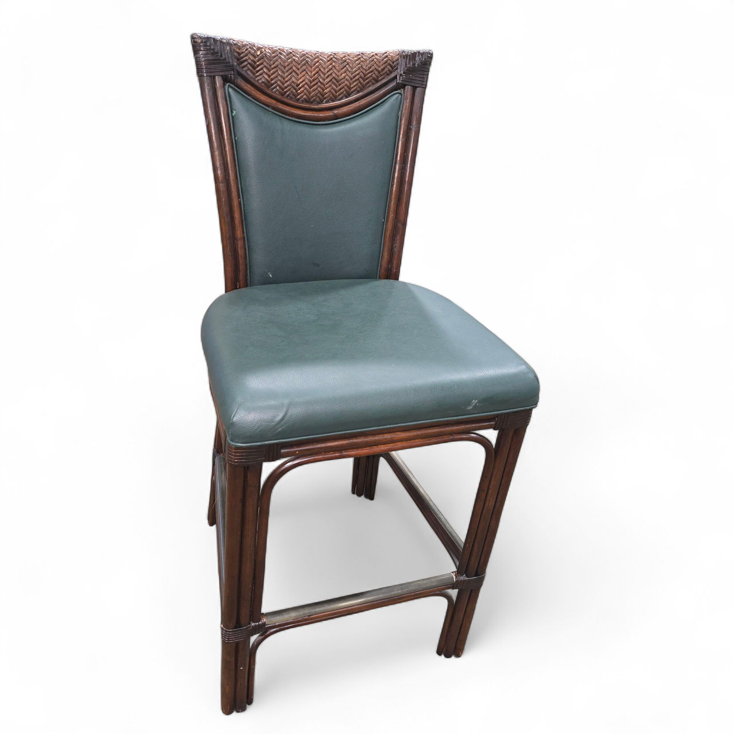 SHL cane bar stool with dark green padded seat and back, used and in good condition, upscale resort furniture