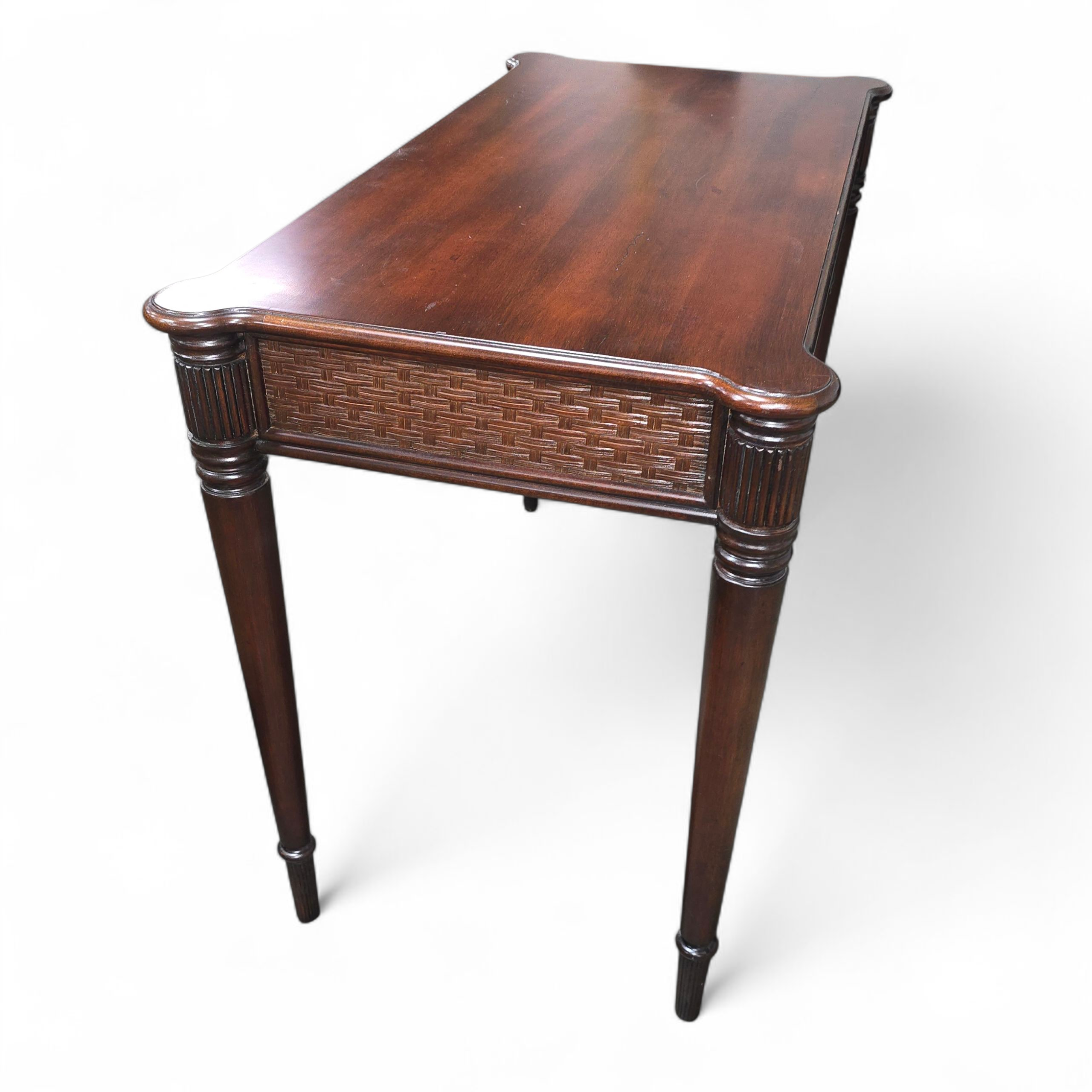 SHL side view of Decca cane and rattan writing desk, used and in good condition