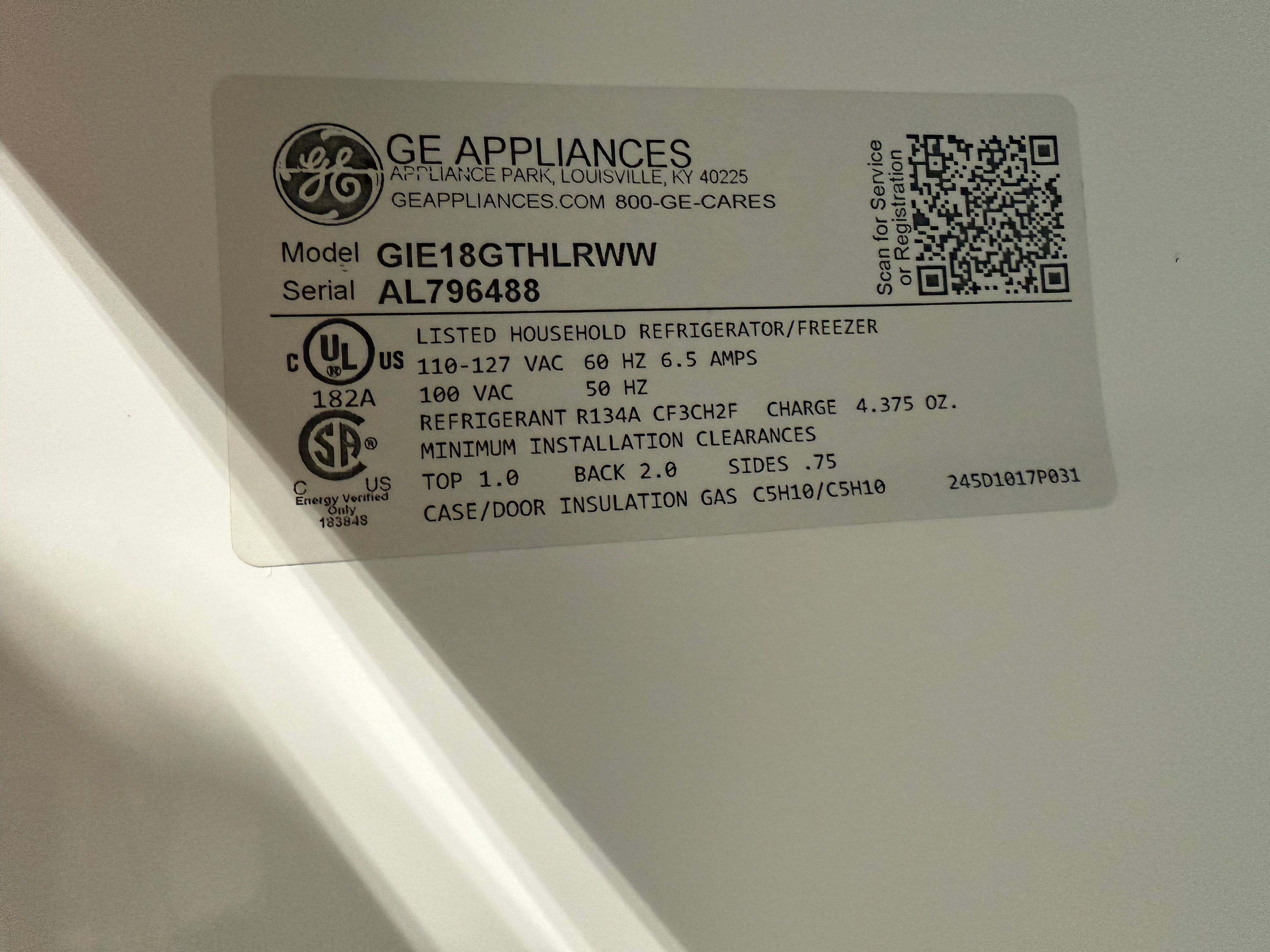 Back view of GE refrigerator showing Energy Star label, available through SHL Cartersville GA