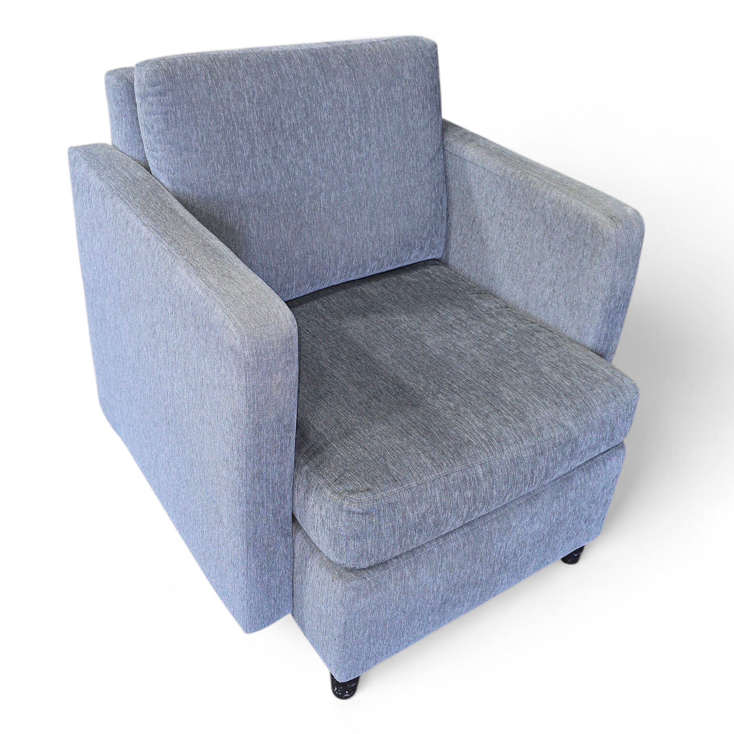 angled view gray upholstered arm chair 32 x 34, used and in good condition, SHL