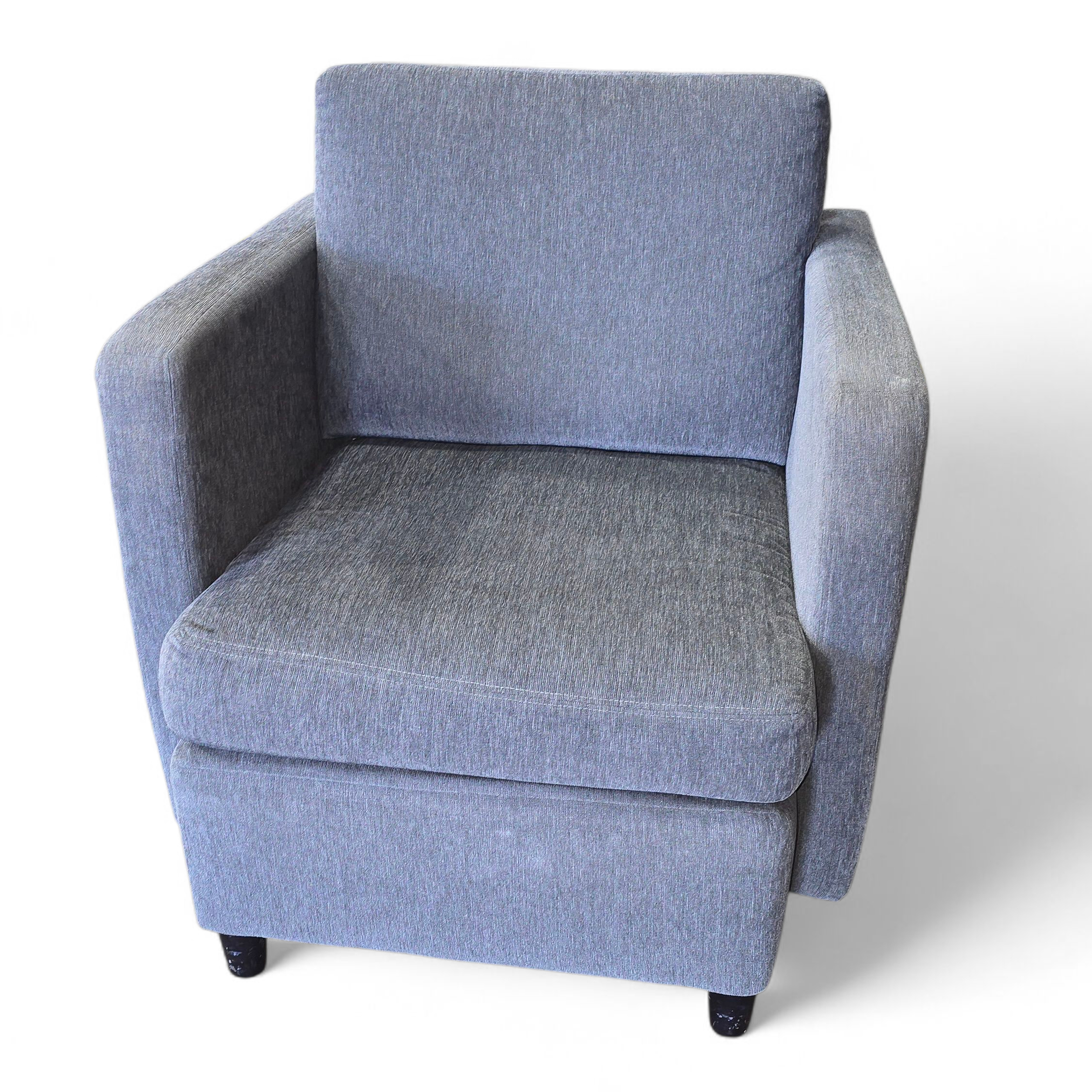gray upholstered arm chair 32 x 34 with 17 inch seat height, used and in good condition, SHL