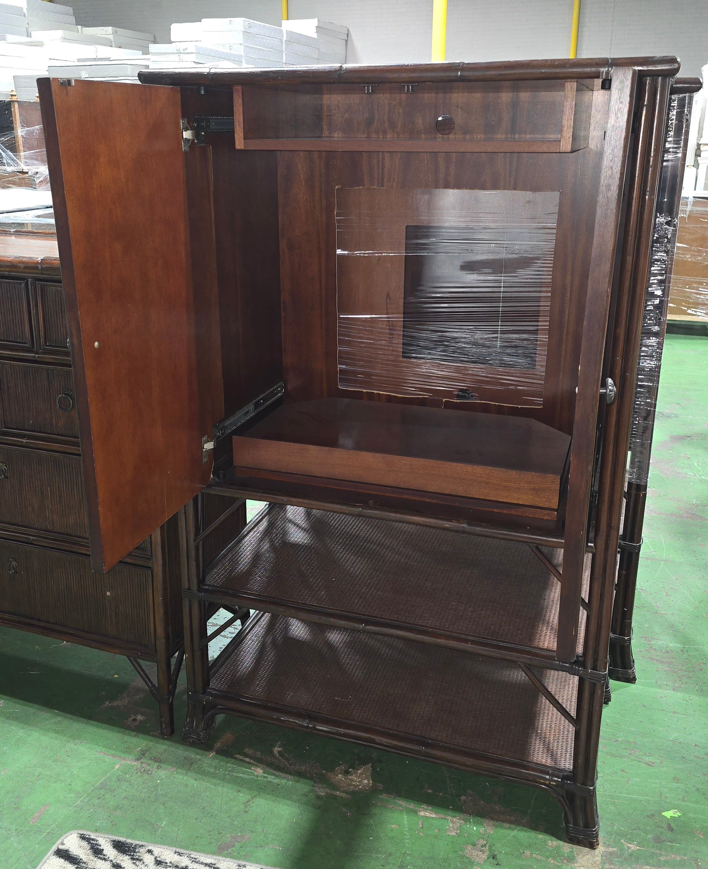 SHL rattan TV cabinet showing slide-out shelf, used and in good condition
