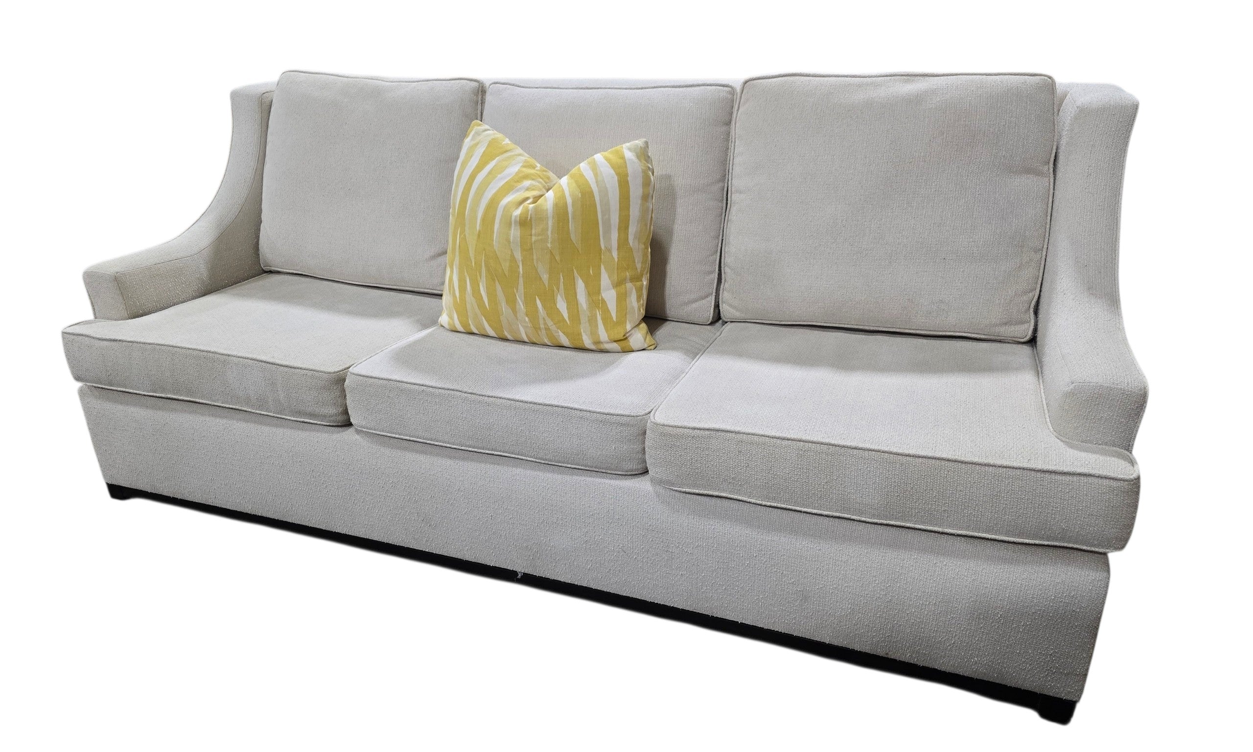 Used Lily Jack queen sleeper sofa in cream upholstery with modern track arms, front view, from Southern Hospitality Liquidation.