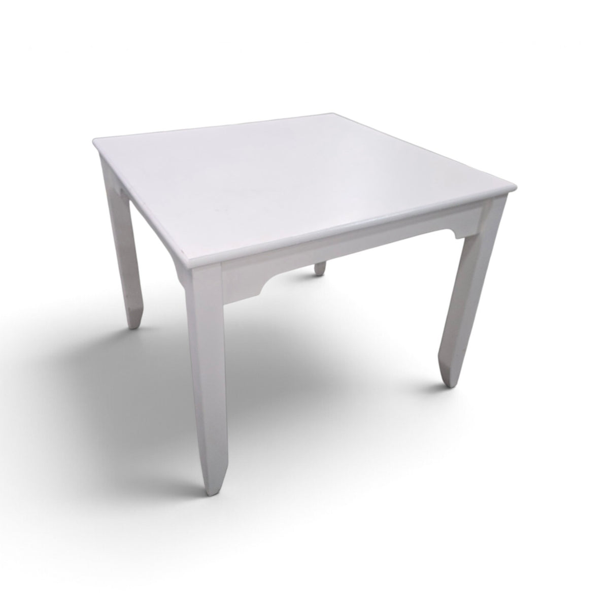 Angled view of used white square dining table, SHL.