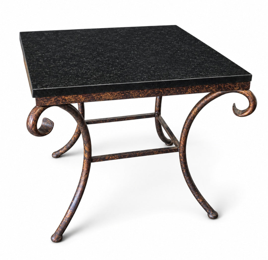 Used black granite top side table with bronze scrollwork metal base, 27 x 24 x 25.5 inches, SHL