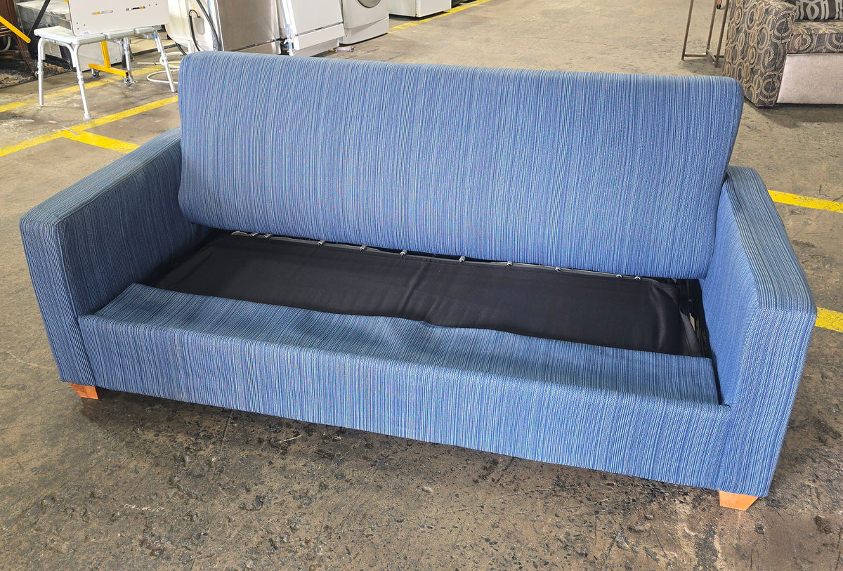 Used blue queen sofa sleeper cushions removerd to show included queen-size pullout, SHL