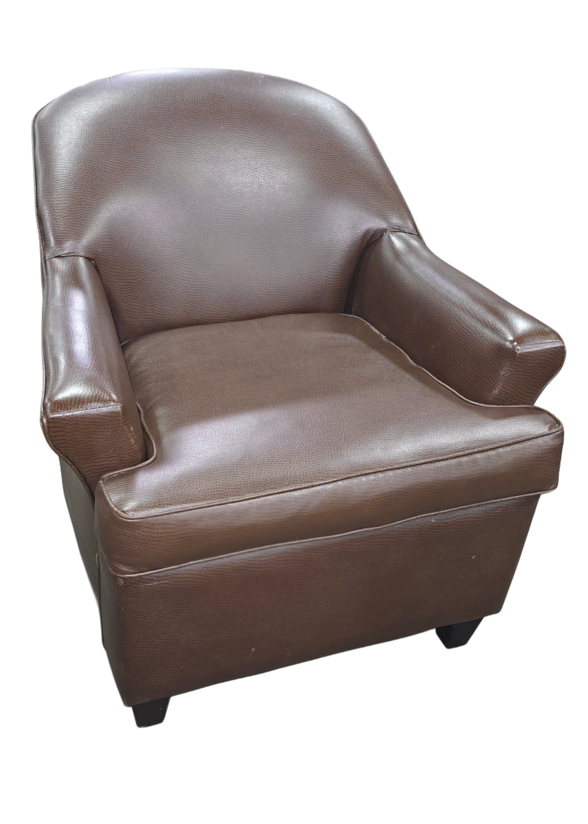 "Used brown vinyl barrel accent chair with barrel back design – Southern Hospitality Liquidation"