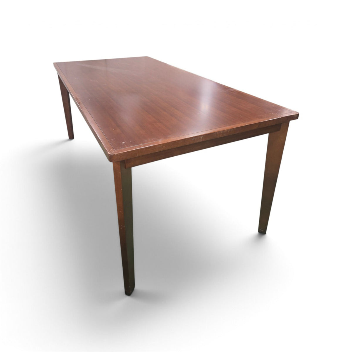 Used rectangular brown wood dining table with straight legs, angled view, SHL.