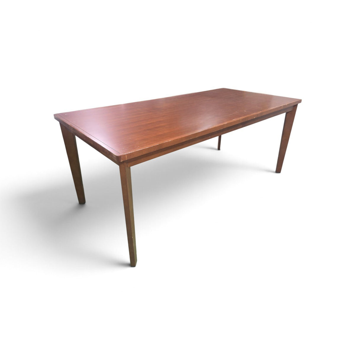 Used brown wood dining table, 78 inches long, front view, SHL.