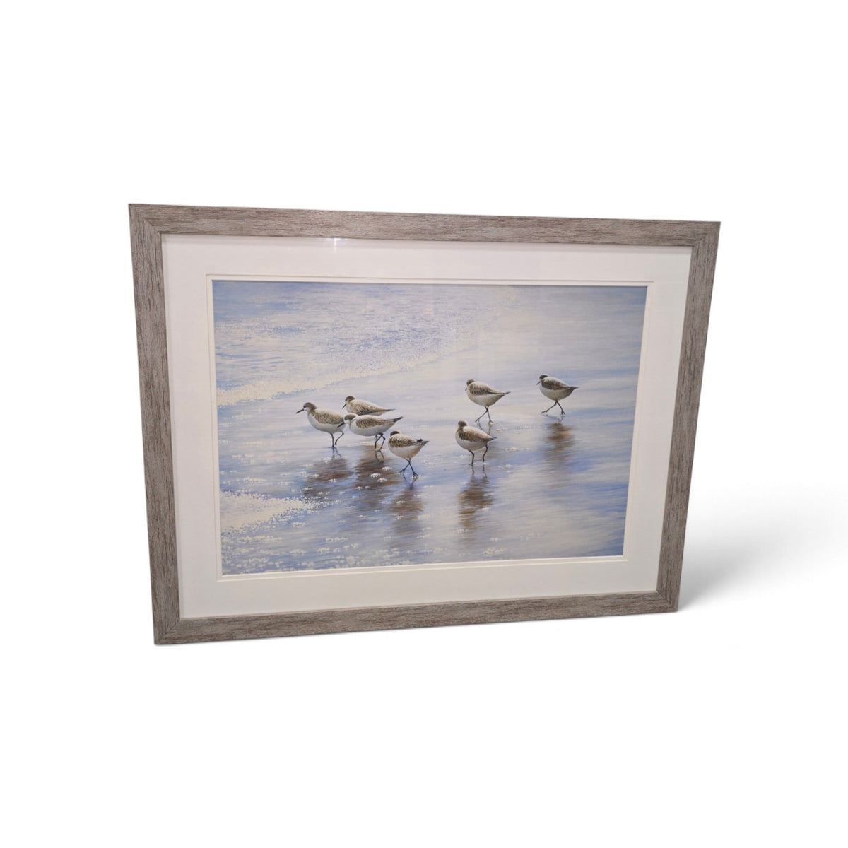 Used framed sandpiper beach artwork with sandpipers walking along shoreline, 43.5 x 33.5 inches, SHL