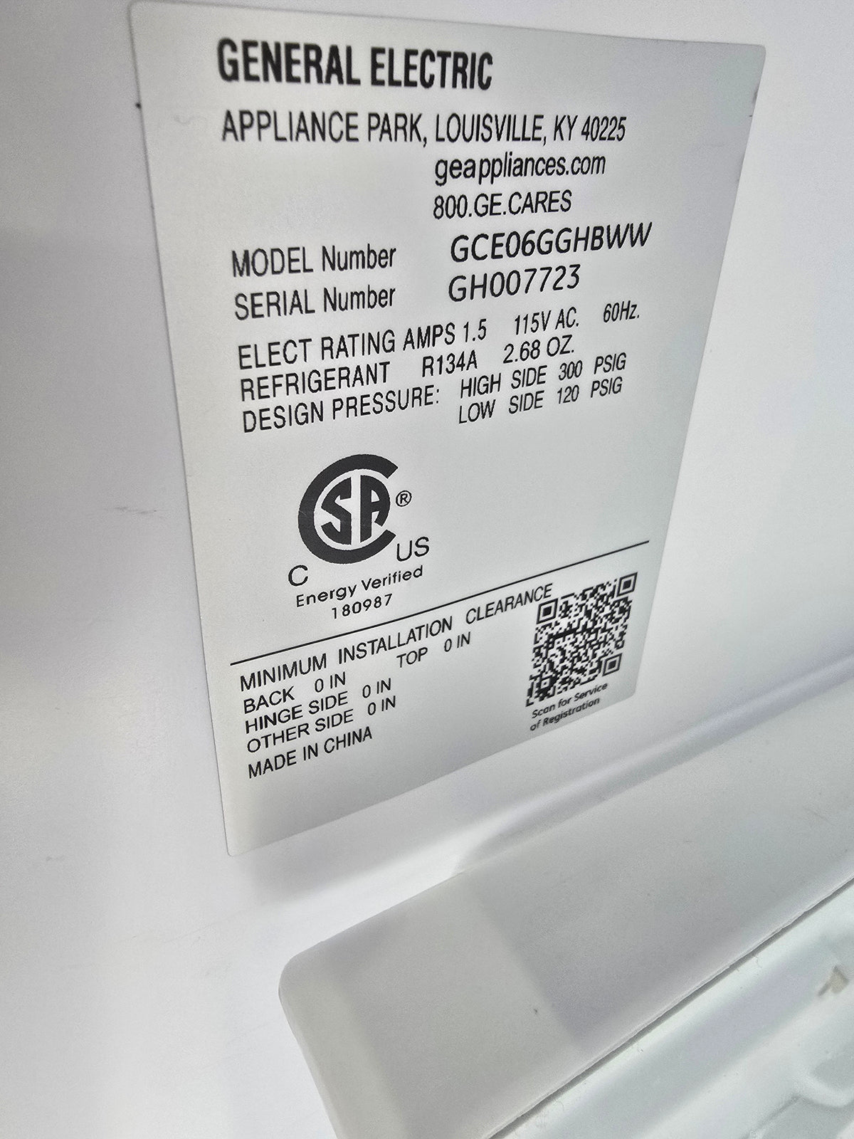 Used SHL GE GCE06GGHBWW model label
