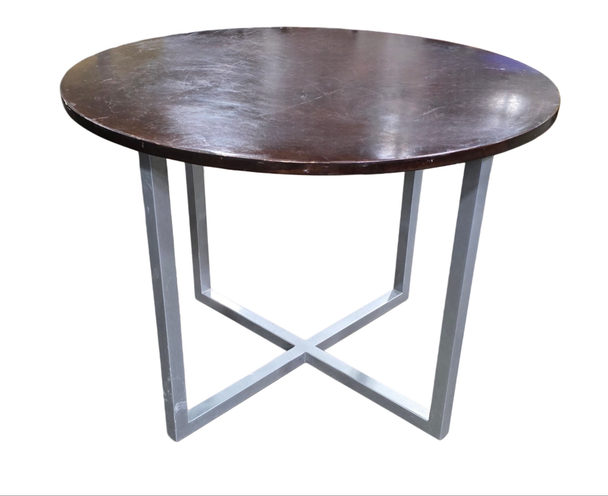 Used round dining table, 42" diameter wood with metal base, 30.5H, SHL Cartersville GA pre-owned hotel furniture.