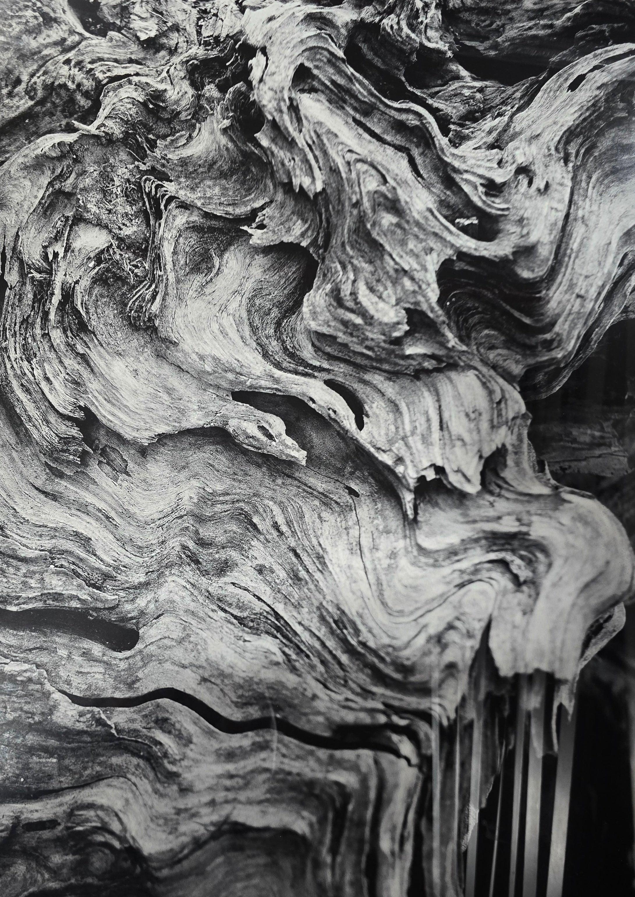 Close-up of the natural wood grain design featured in a quality used framed abstract wall art piece sourced from an upscale resort.