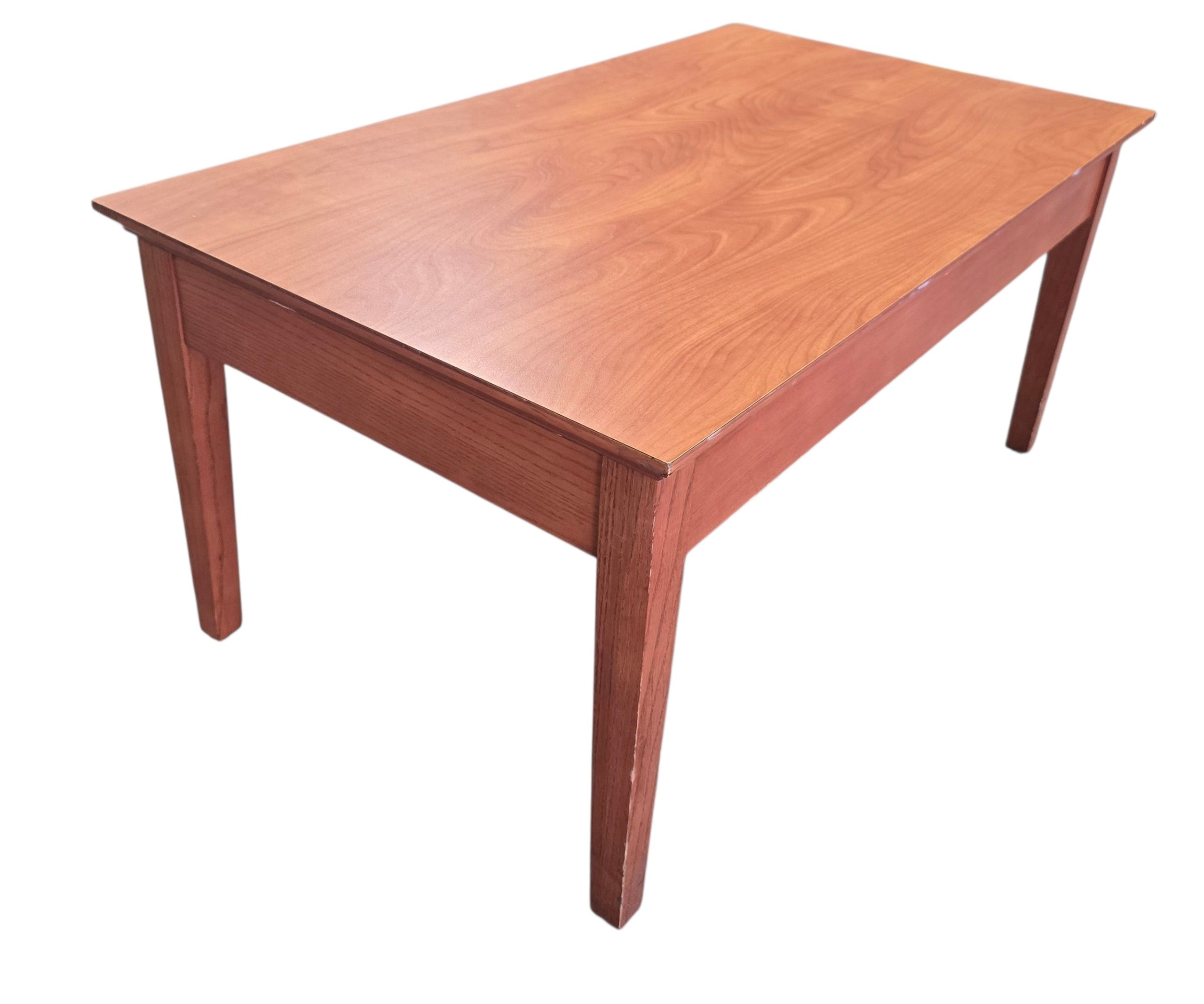 Used rectangular wood coffee table with clean contemporary design and cherry finish, angled view, at Southern Hospitality Liquidation.